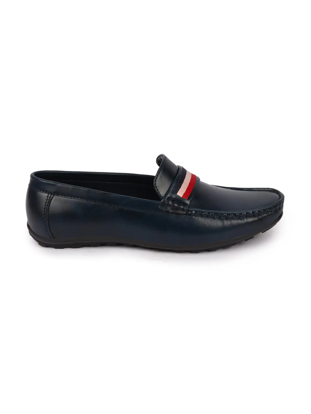 Basics Men Blue Colored Stripe Design Side Stitched Casual Slip On Loafers and Moccasin Shoes