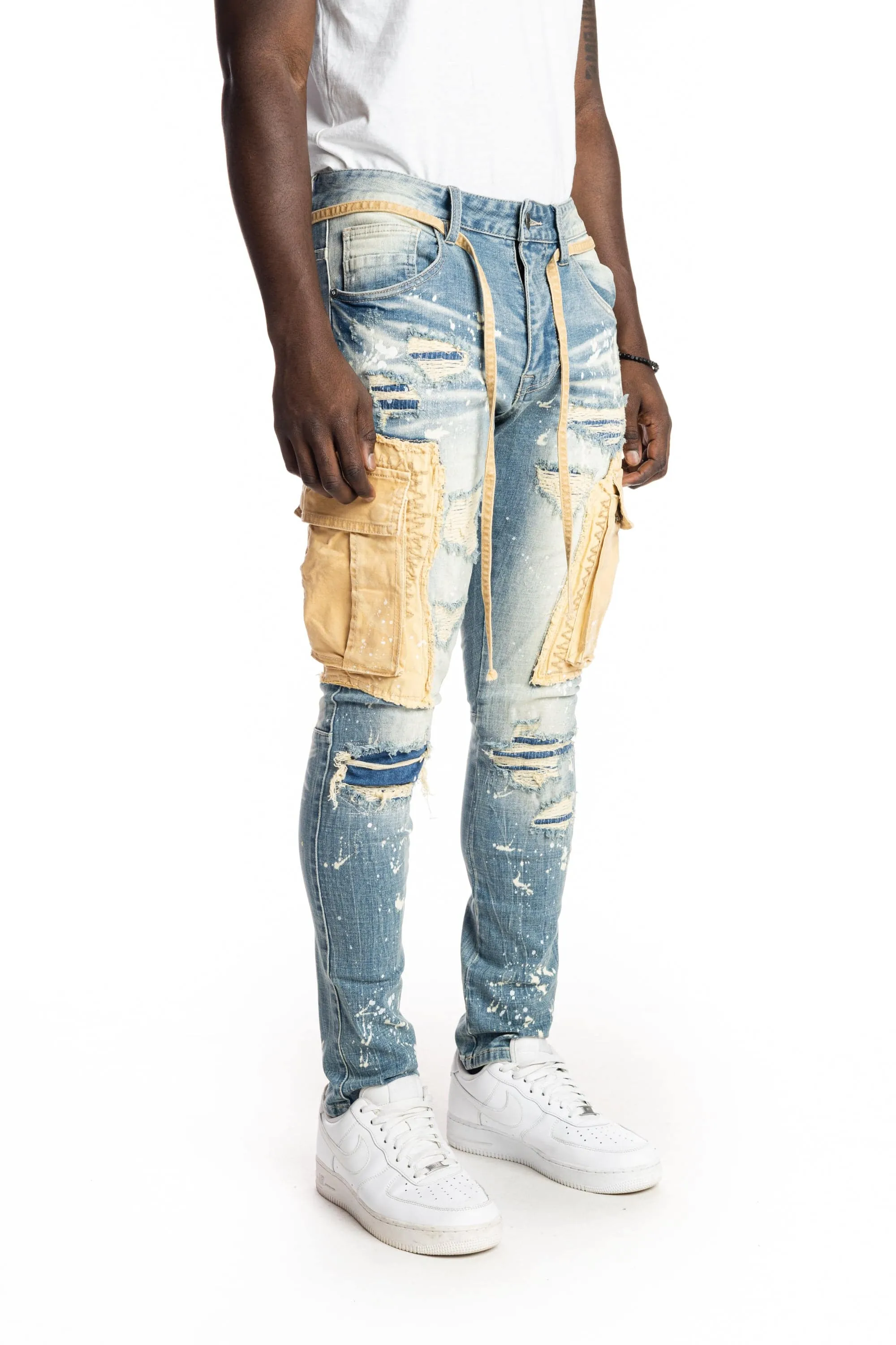 Belted Cargo Fashion Jeans - Brighton Blue