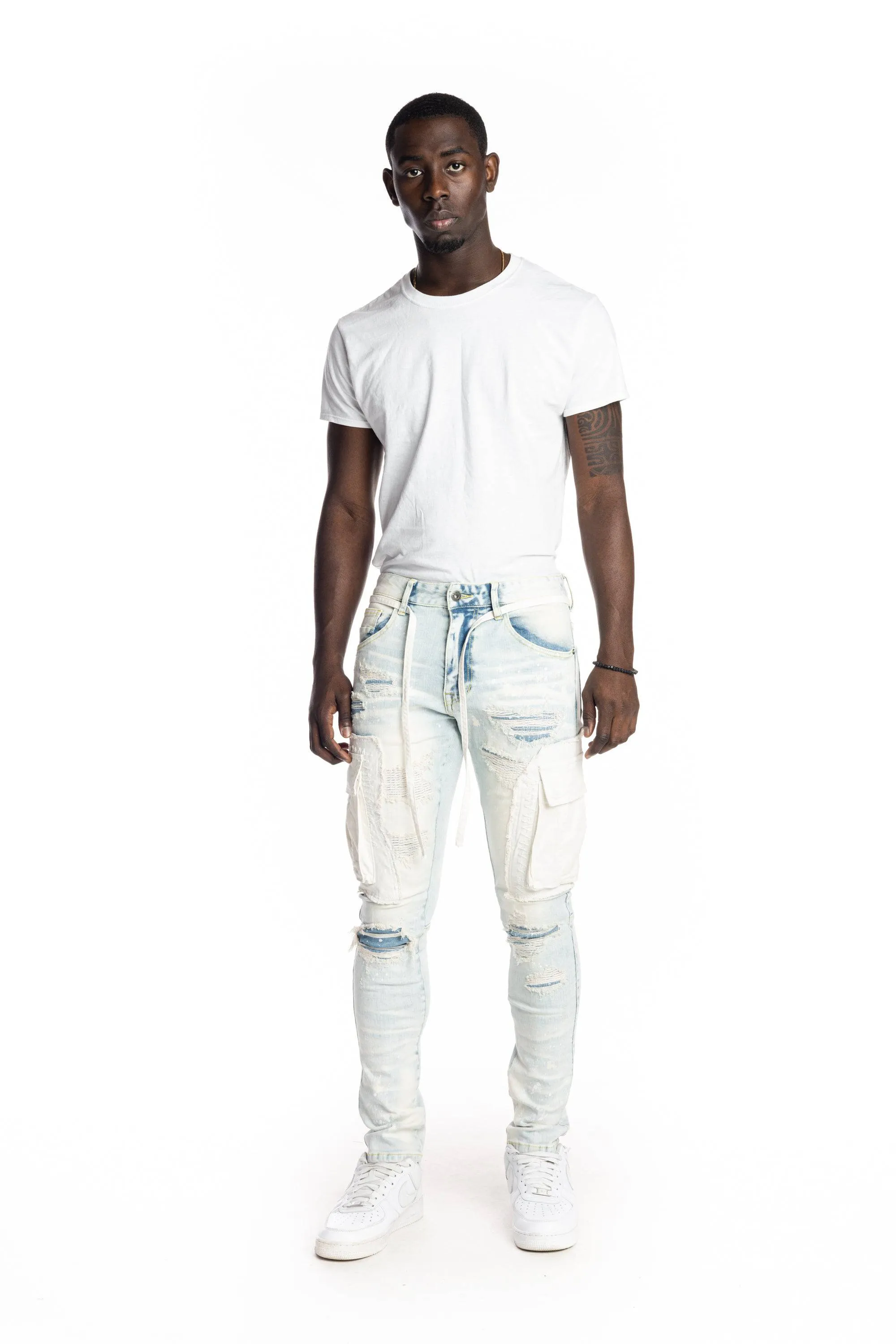 Belted Cargo Fashion Jeans - Plaster Blue