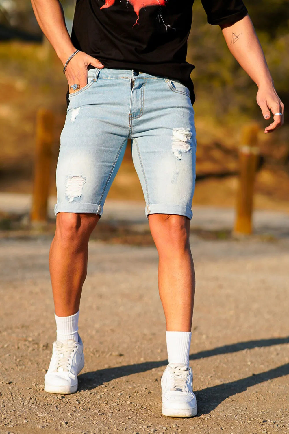 Buy $80 Free Shipping Men's Light Blue Ripped Short