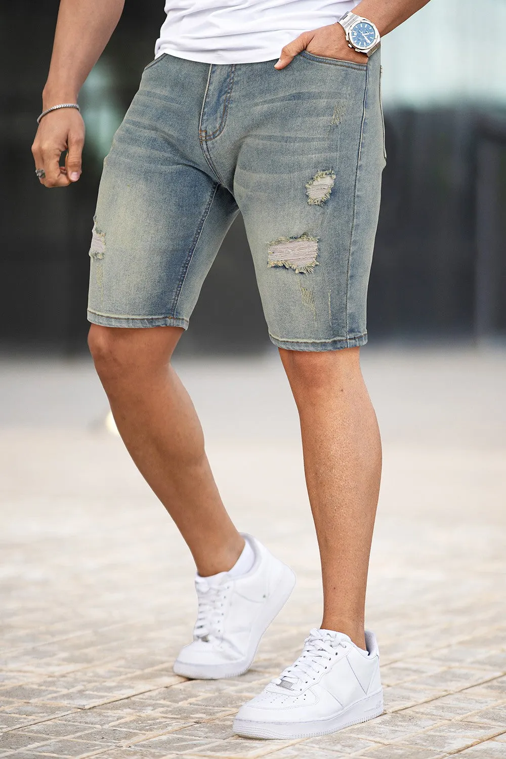 Buy $80 Free Shipping Men's Stretch Denim Short - Ripped And Vintage (Presale)