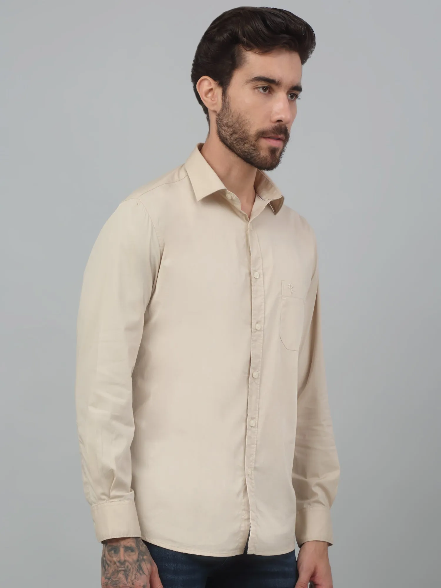 Cantabil Beige Solid Full Sleeve Casual Stretchable Shirt For Men