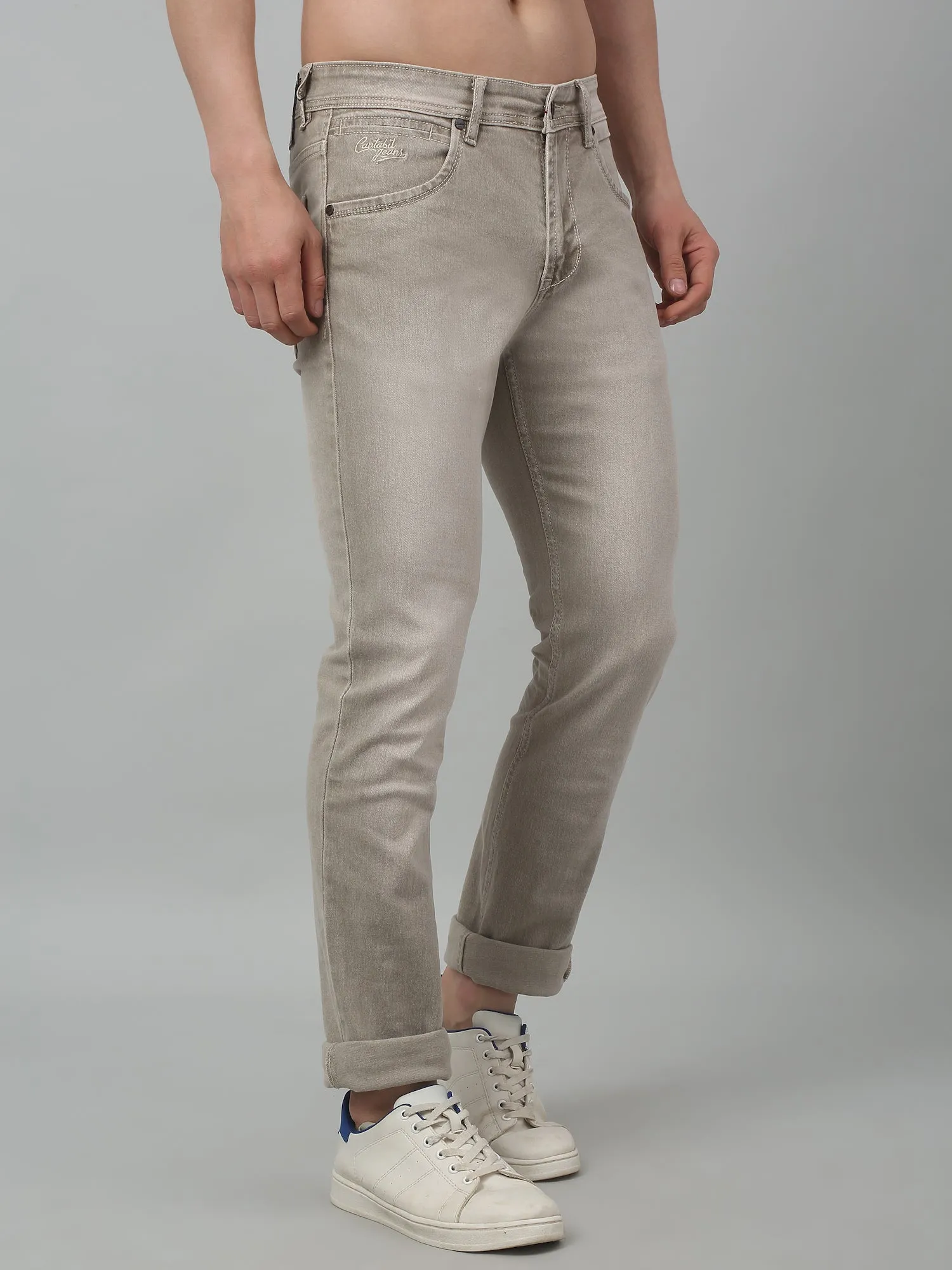 Cantabil Beige Solid Mid Rise Full Length Stretchable Jeans For Men