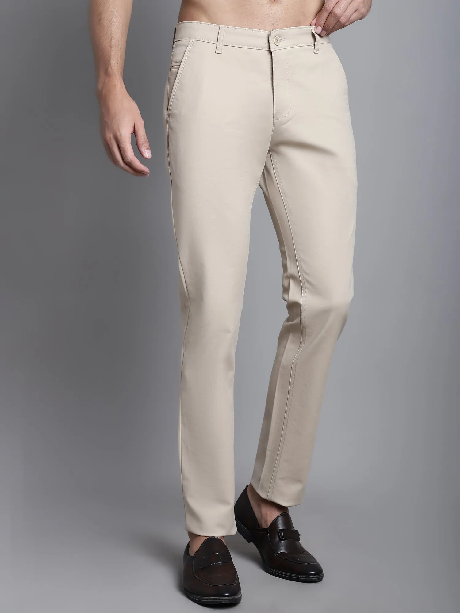 Cantabil Beige Solid Non Pleated Regular Fit Mid Rise Casual Trousers for Men