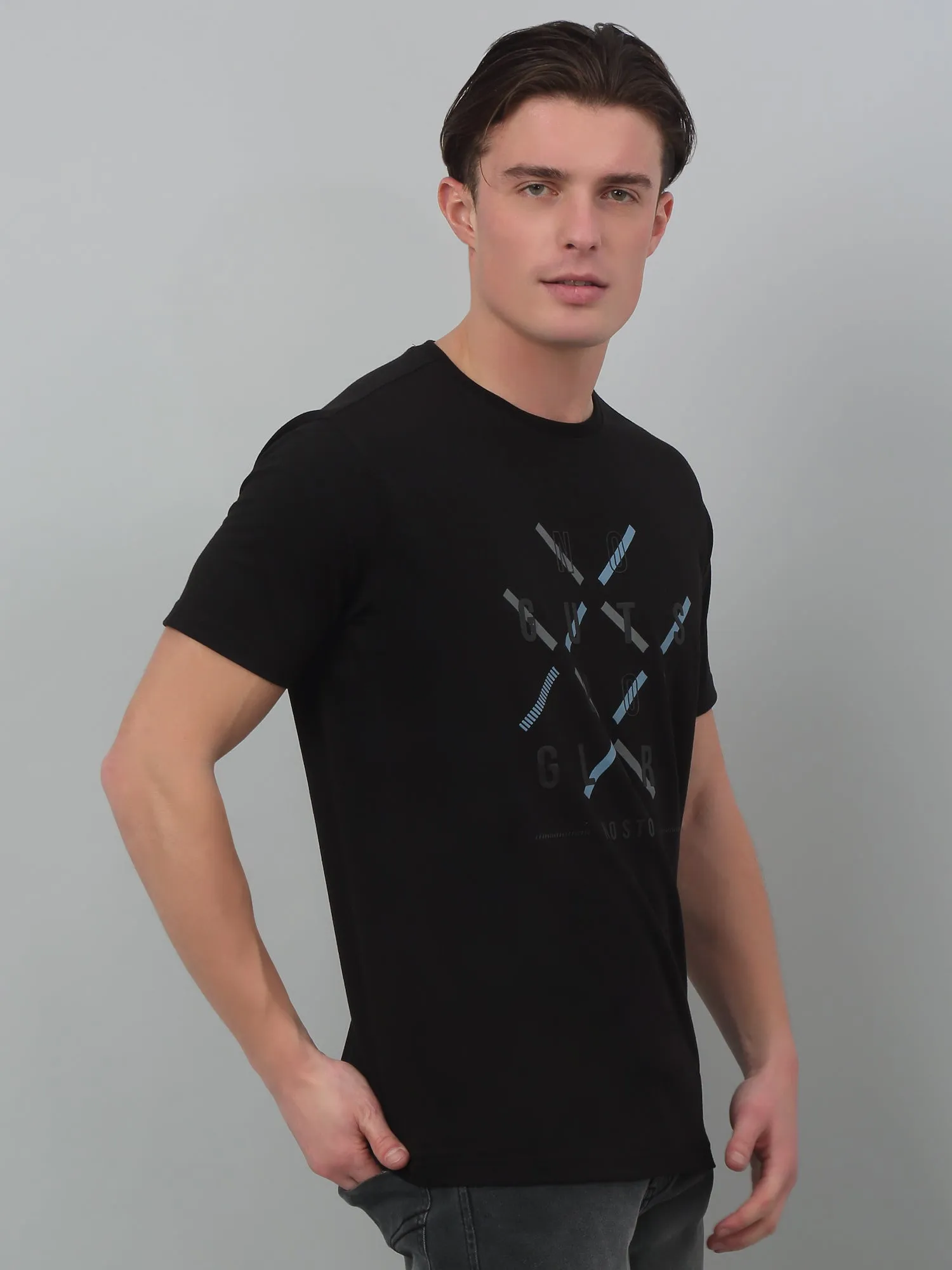 Cantabil Black Printed Round Neck Half Sleeve T-shirt For Men