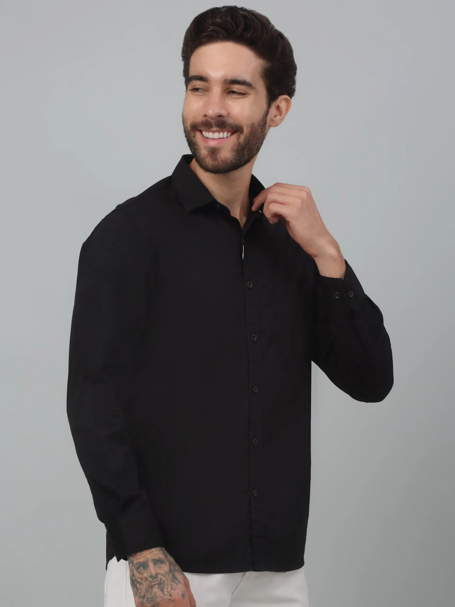 Cantabil Black Solid Full Sleeve Casual Stretchable Shirt For Men