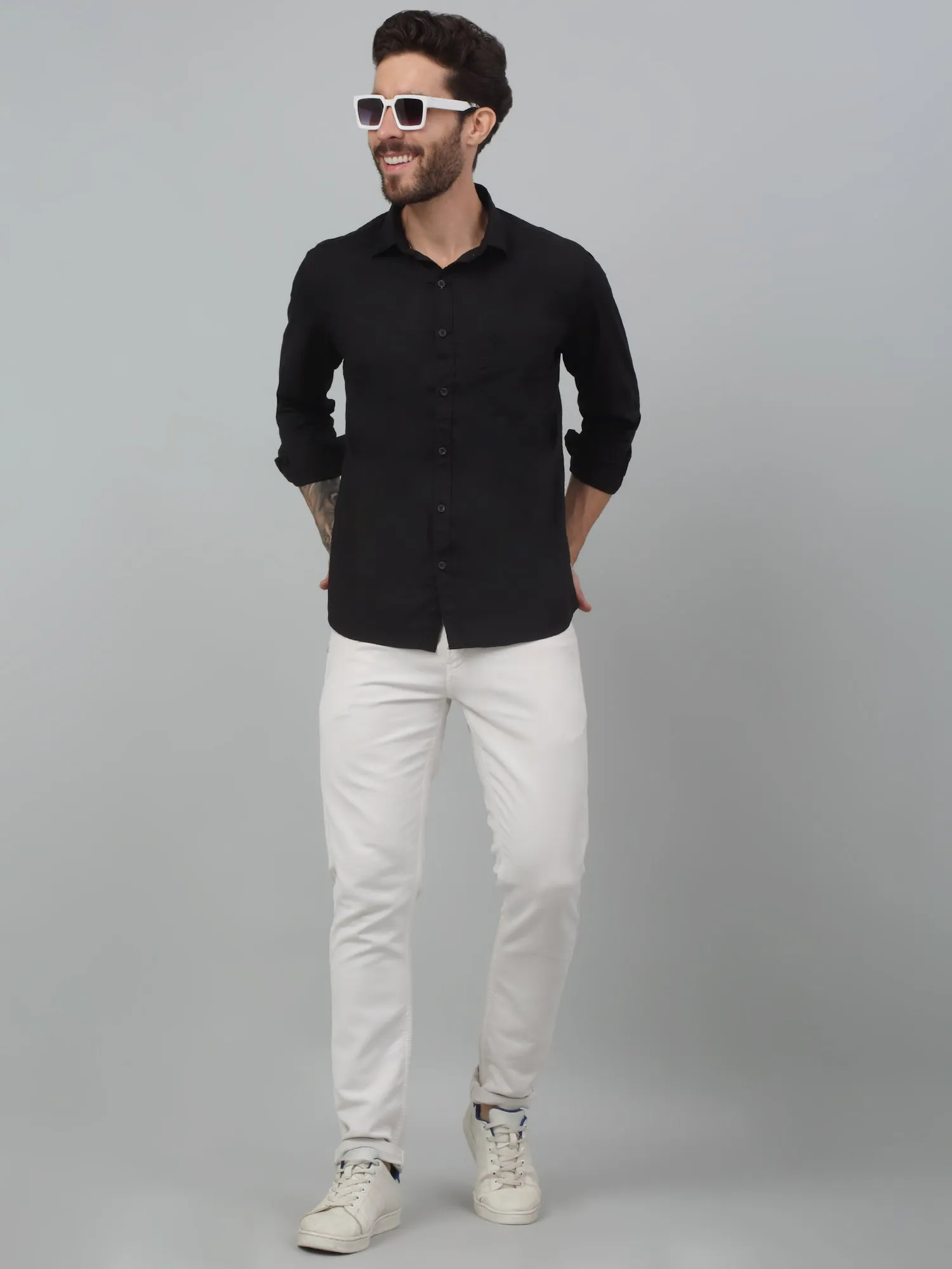 Cantabil Black Solid Full Sleeve Casual Stretchable Shirt For Men