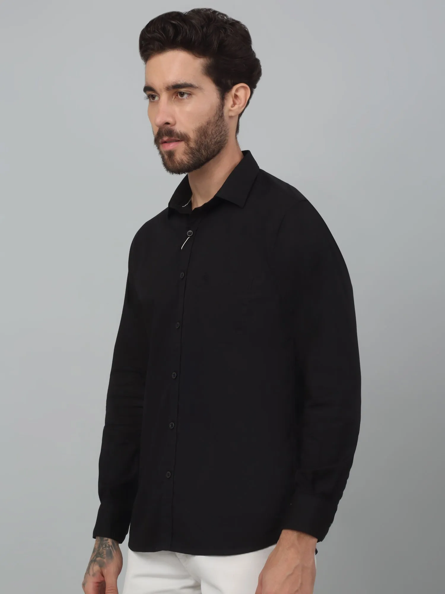 Cantabil Black Solid Full Sleeve Casual Stretchable Shirt For Men