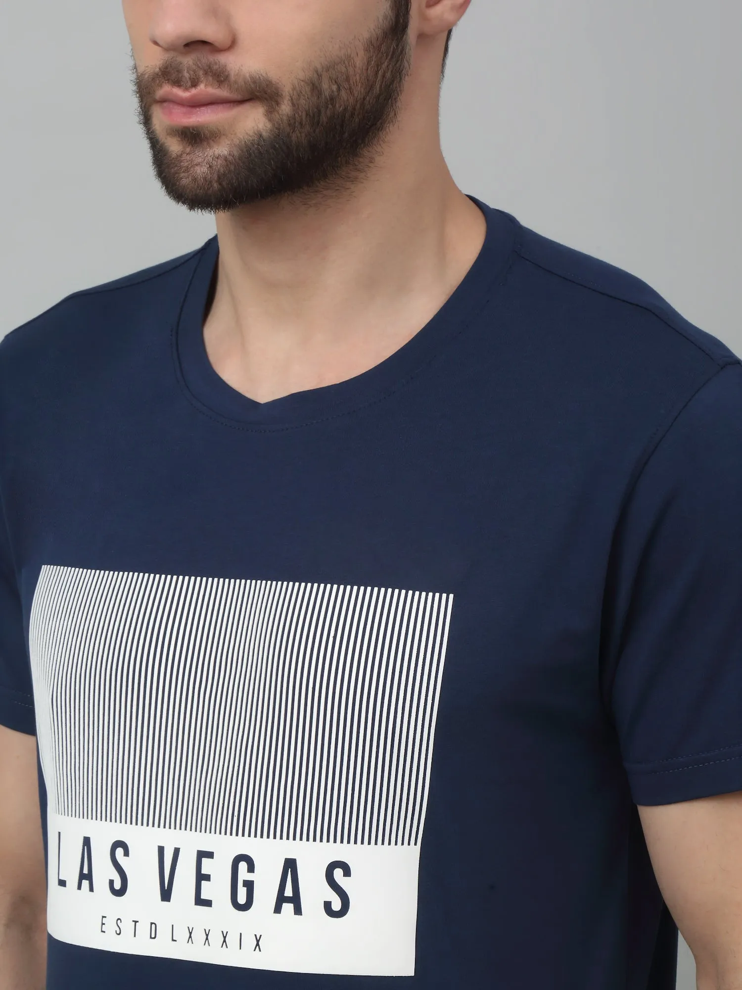 Cantabil Blue Printed Round Neck Half Sleeve T-shirt For Men