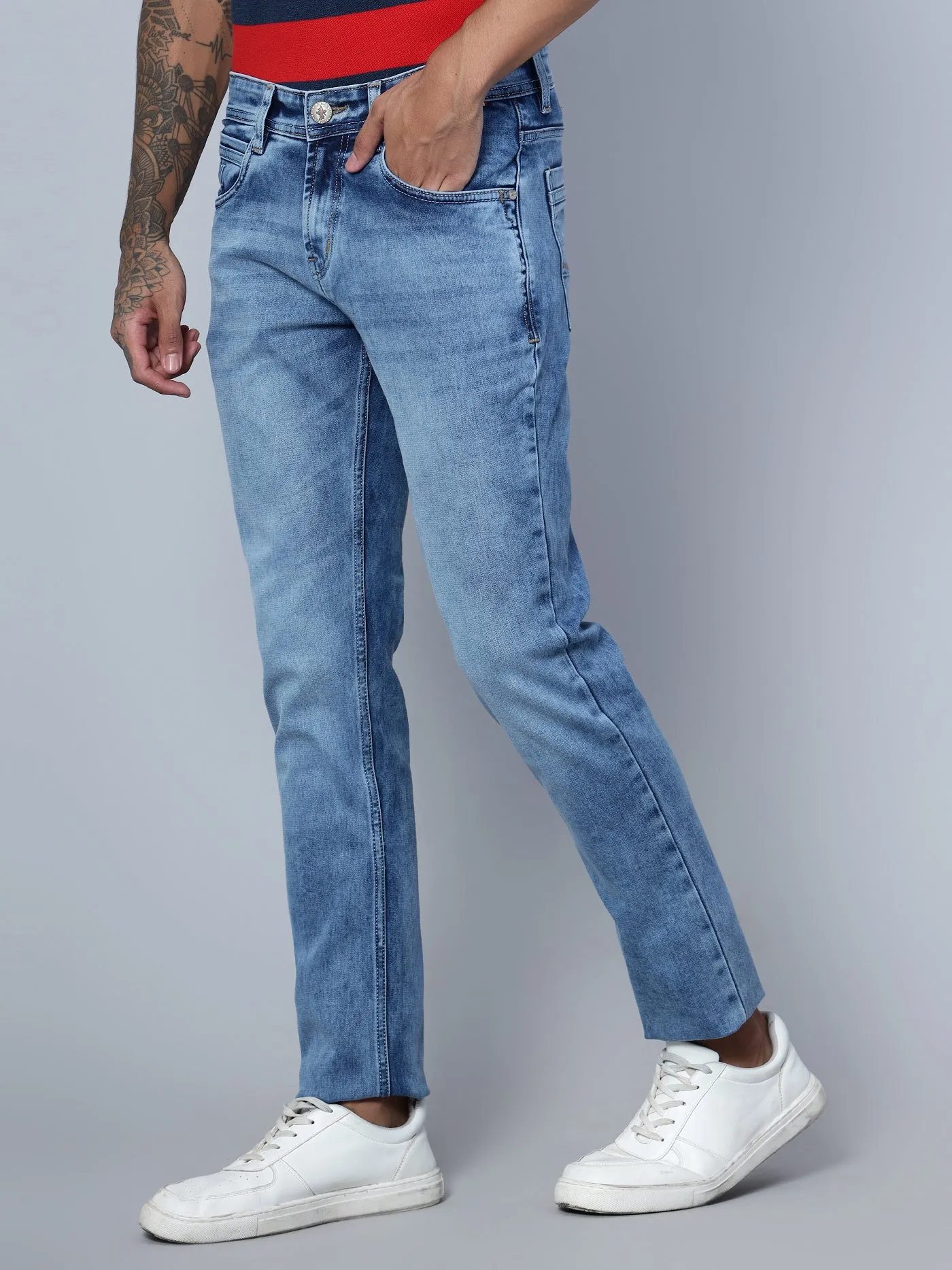 Cantabil Blue Solid Cotton Denim Flat Front Mid Rise Full Length Regular Fit Casual Jeans For Men