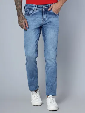 Cantabil Blue Solid Cotton Denim Flat Front Mid Rise Full Length Regular Fit Casual Jeans For Men