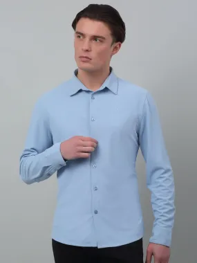 Cantabil Blue Solid Full Sleeve Casual Stretchable Shirt For Men