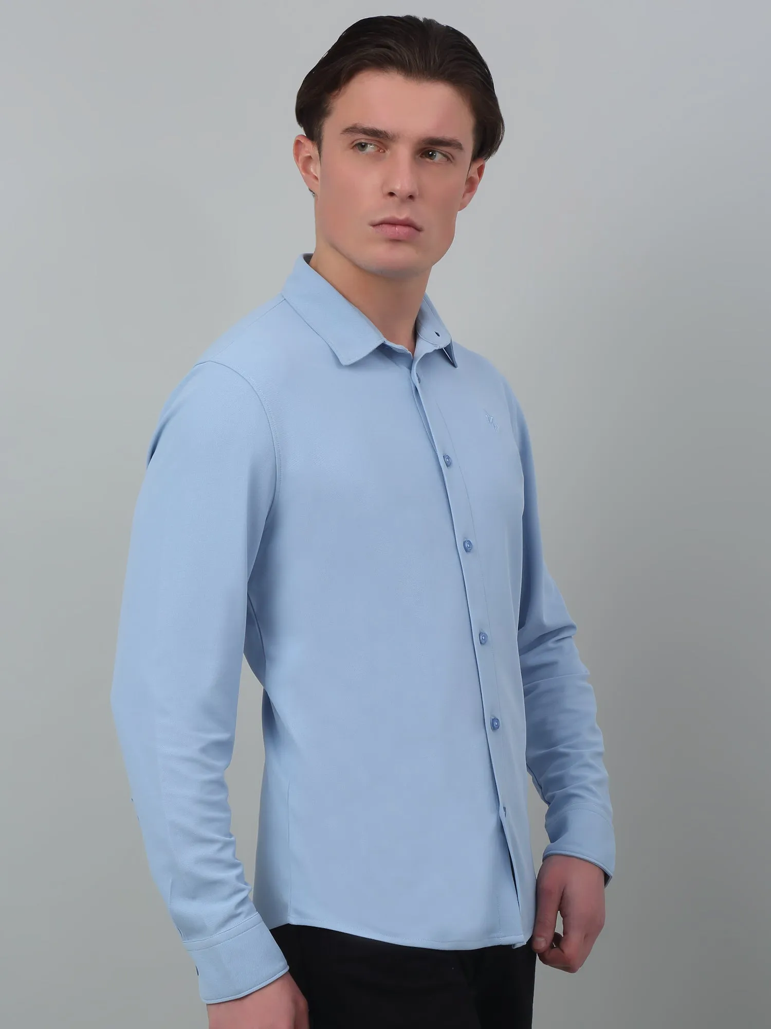 Cantabil Blue Solid Full Sleeve Casual Stretchable Shirt For Men