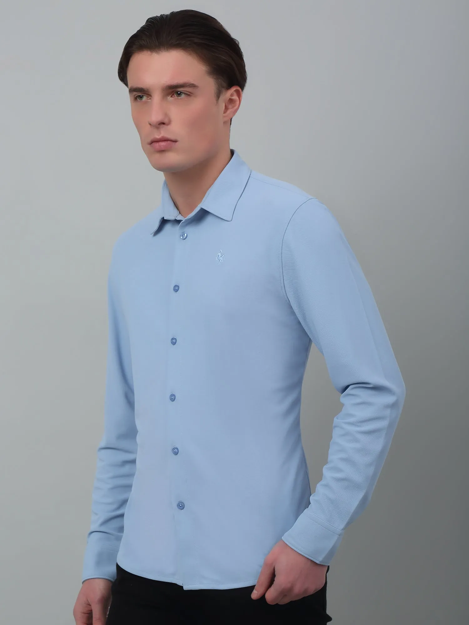 Cantabil Blue Solid Full Sleeve Casual Stretchable Shirt For Men