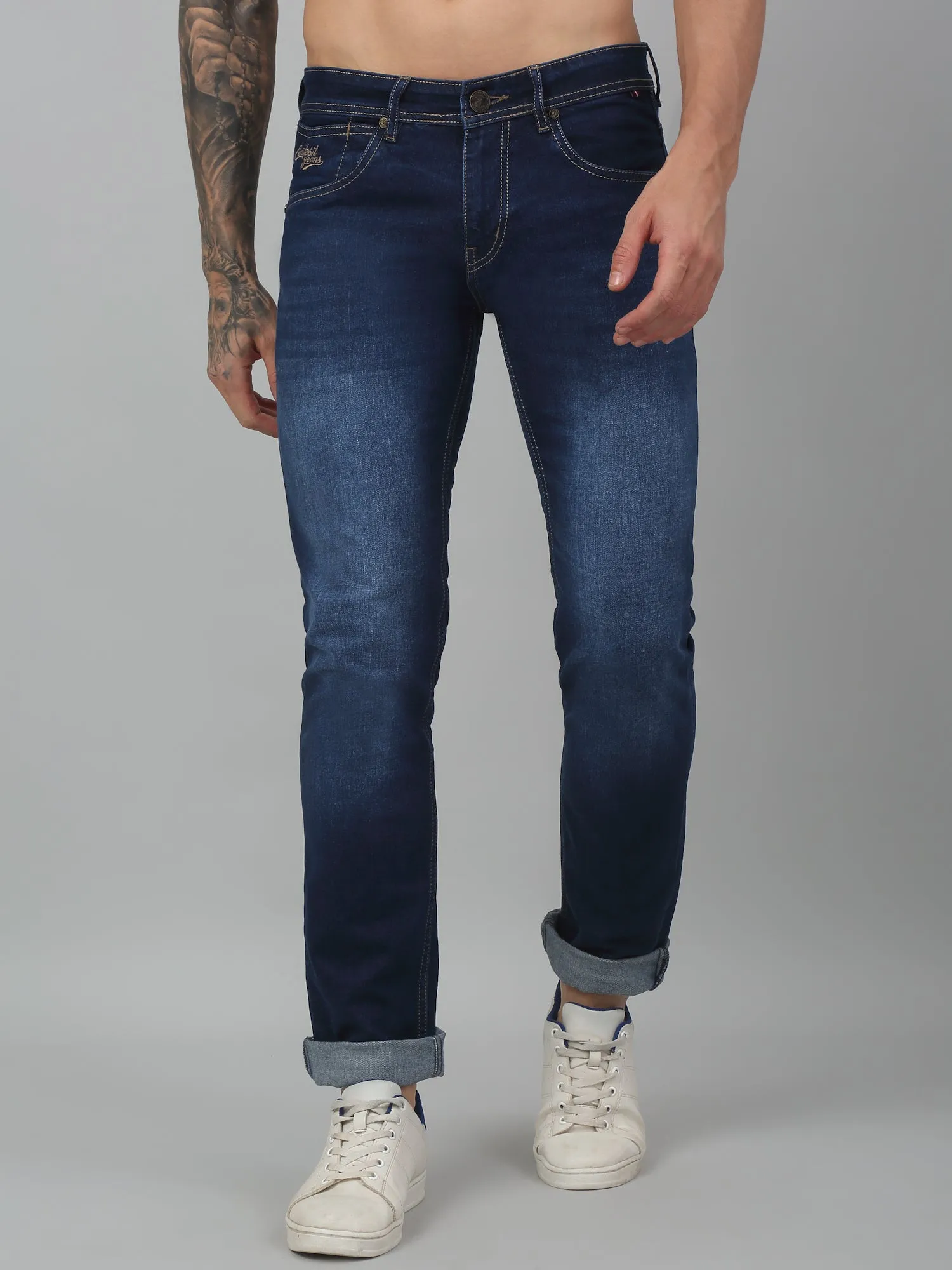 Cantabil Blue Solid Mid Rise Full Length Stretchable Jeans For Men