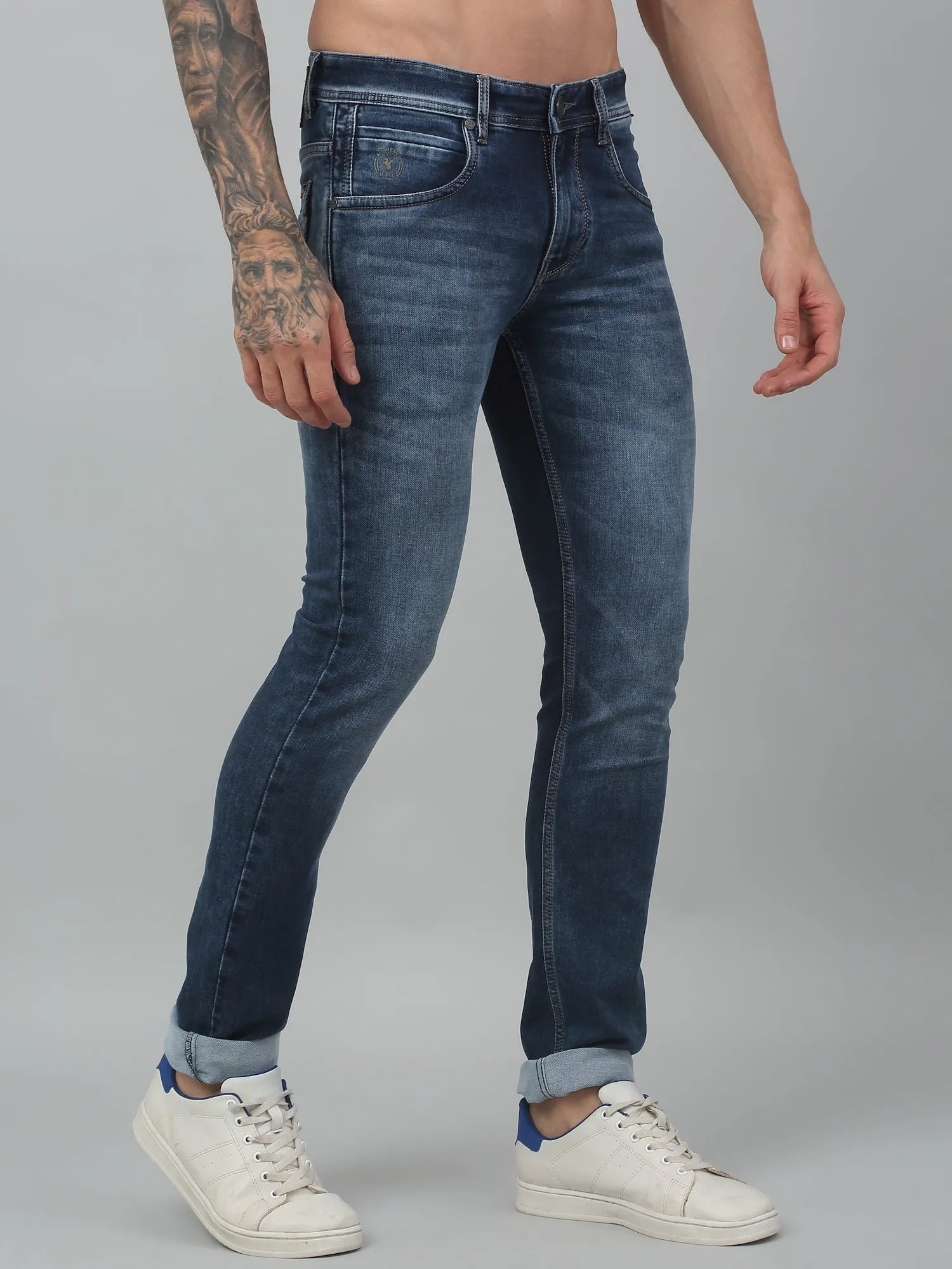 Cantabil Blue Solid Mid Rise Full Length Stretchable Jeans For Men