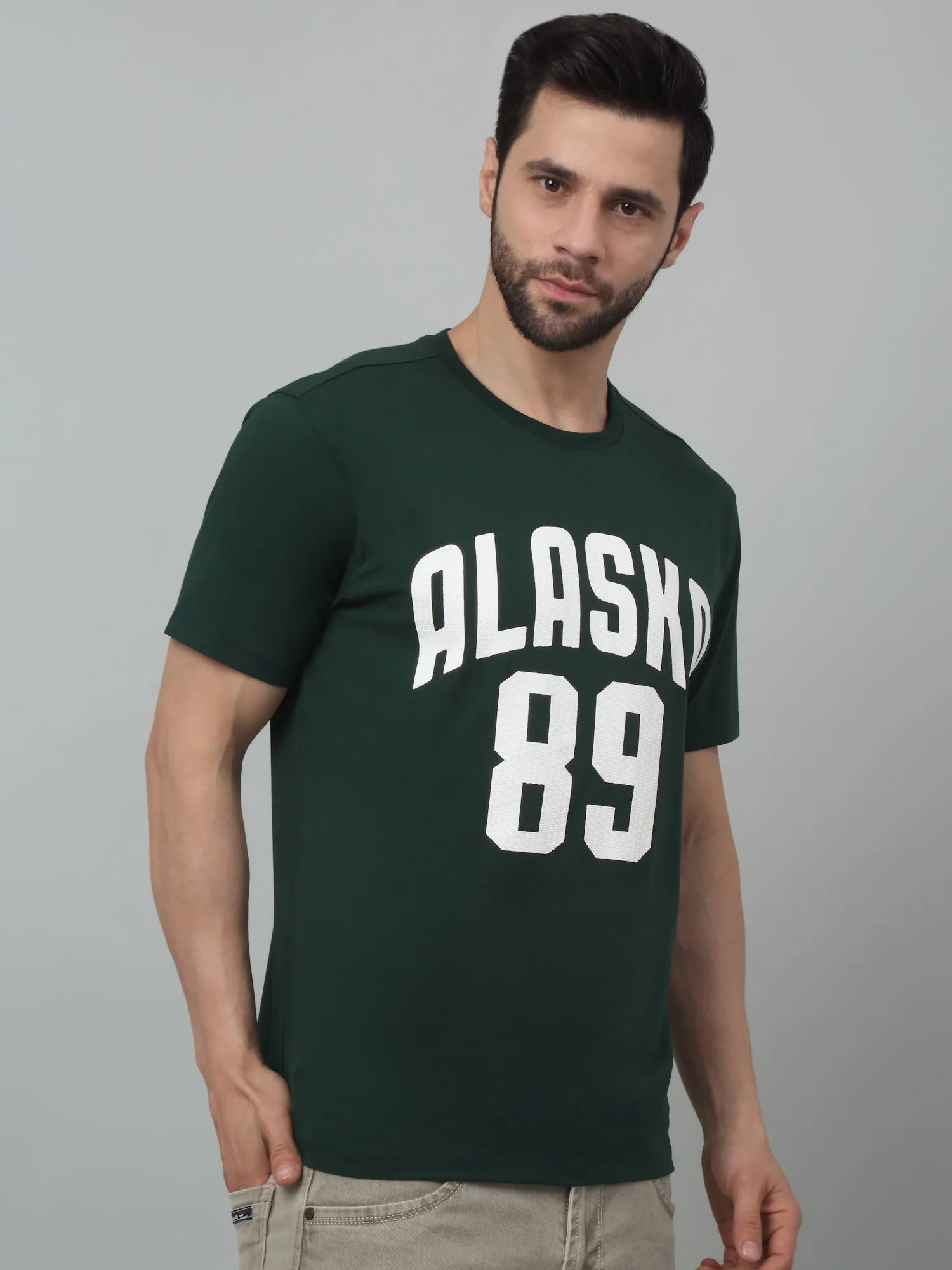 Cantabil Bottle Green Printed Round Neck Half Sleeve T-shirt For Men