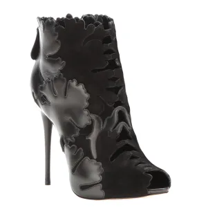 Cutout Suede & leather Leaf Ankle Boots, Black