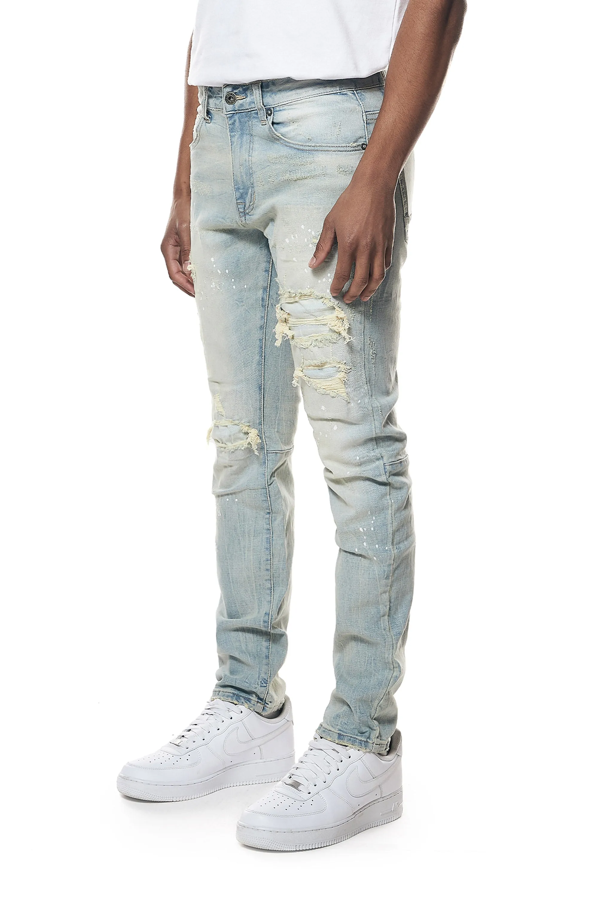 Distressed Rip & Repair Slim Tapered Denim Jeans - Elm Blue