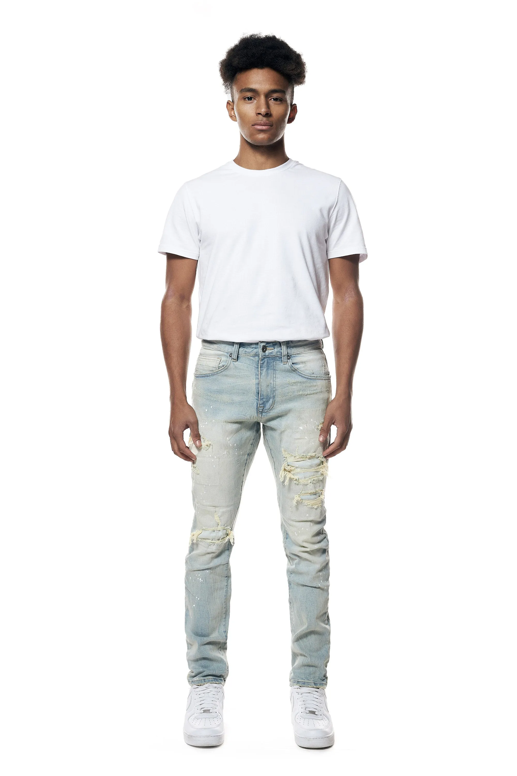 Distressed Rip & Repair Slim Tapered Denim Jeans - Elm Blue