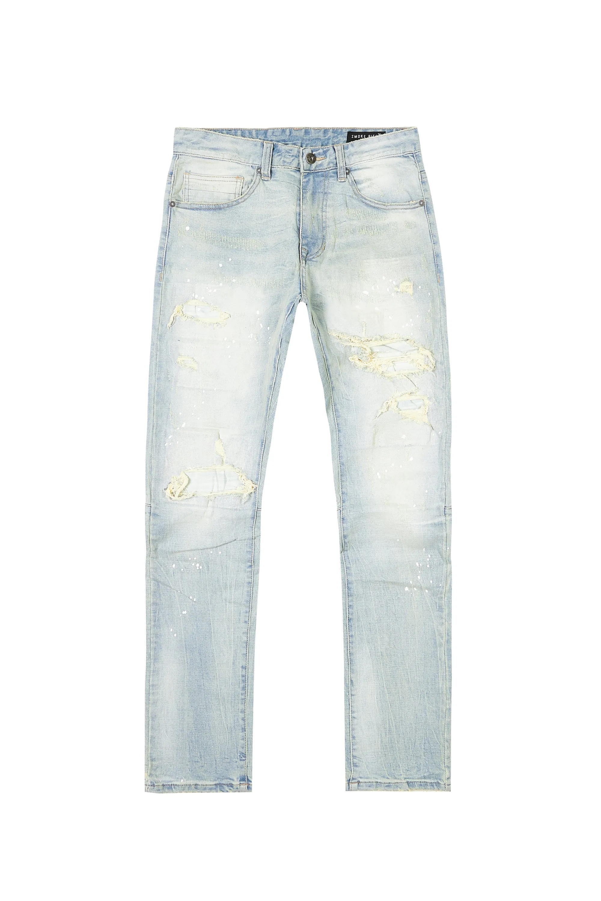 Distressed Rip & Repair Slim Tapered Denim Jeans - Elm Blue