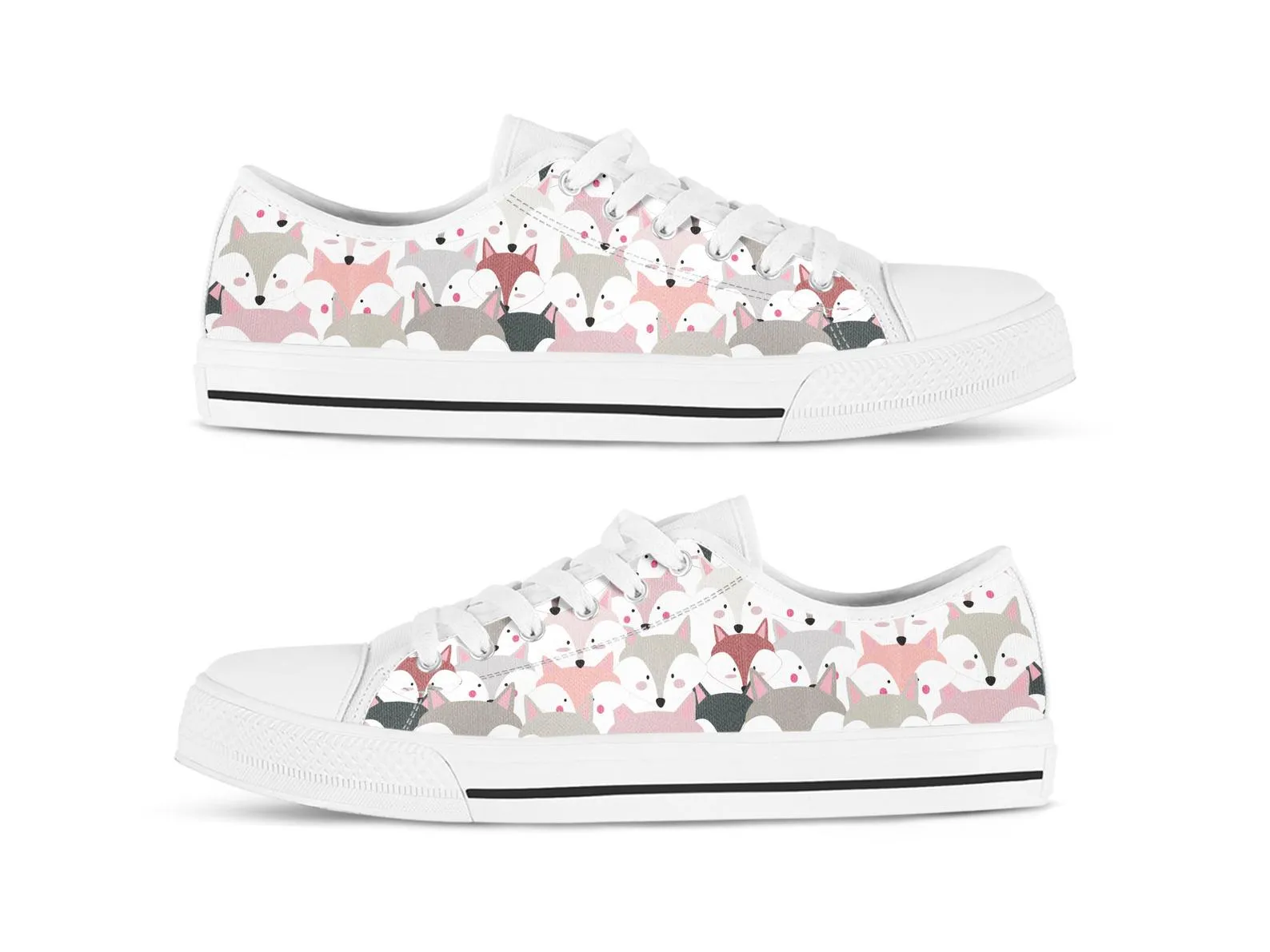 Fox Face Shoes Fox Sneakers Fox Print Pattern Cute Shoes Fox Lover Gifts Custom Low Top Converse Style Sneakers For Adults Women & Men