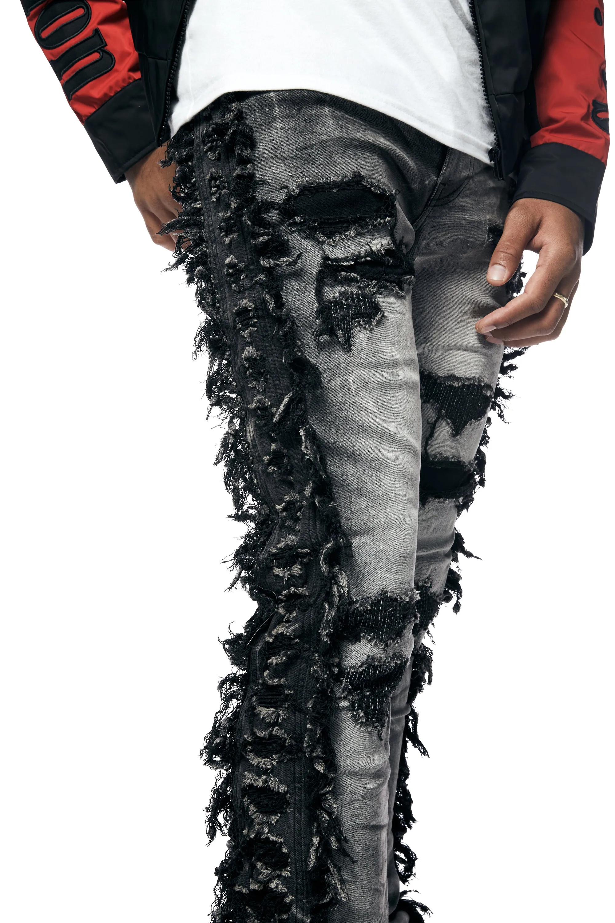 Frayed Stacked Denim Jeans - Lightning Black