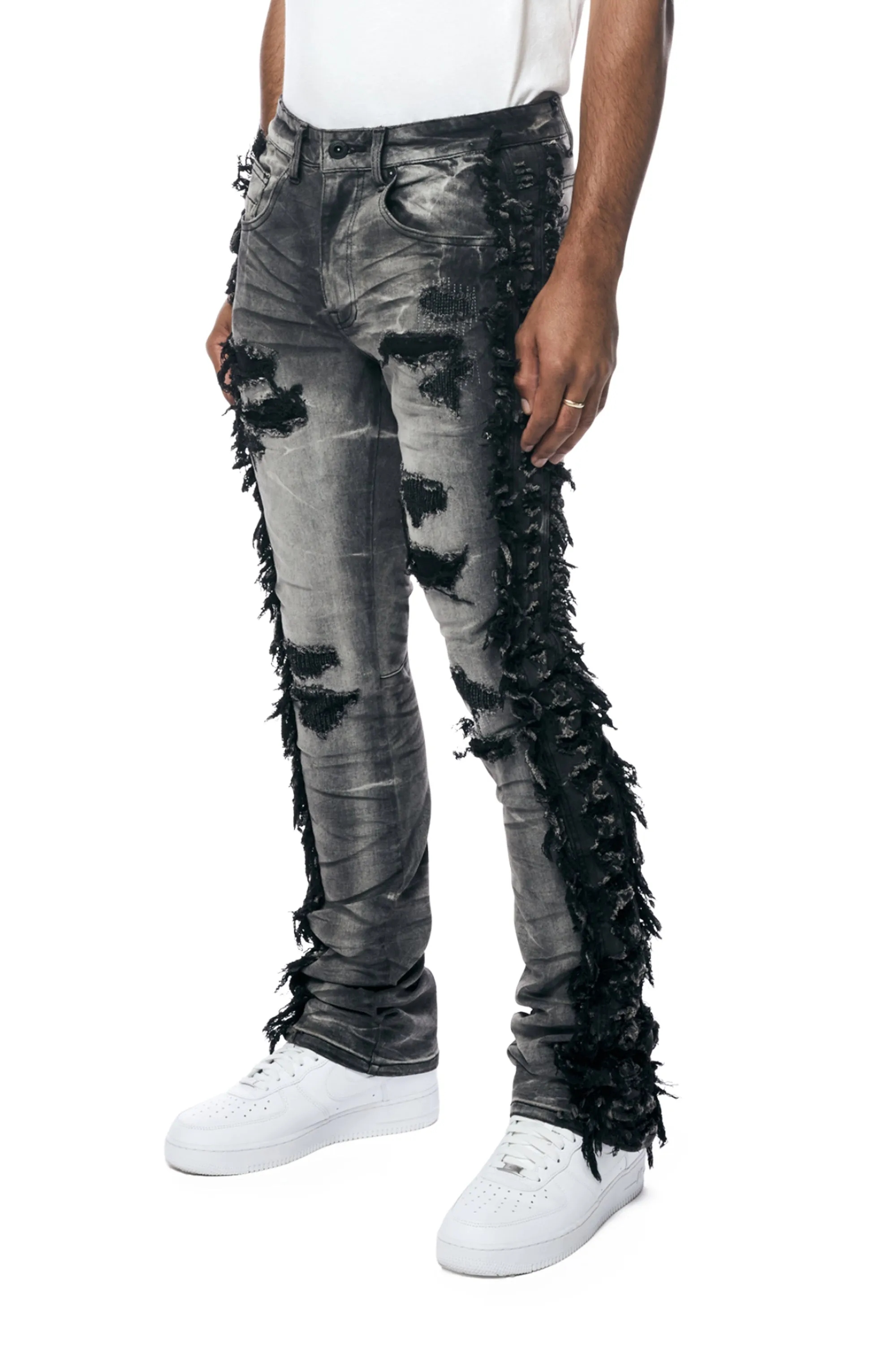 Frayed Stacked Denim Jeans - Lightning Black