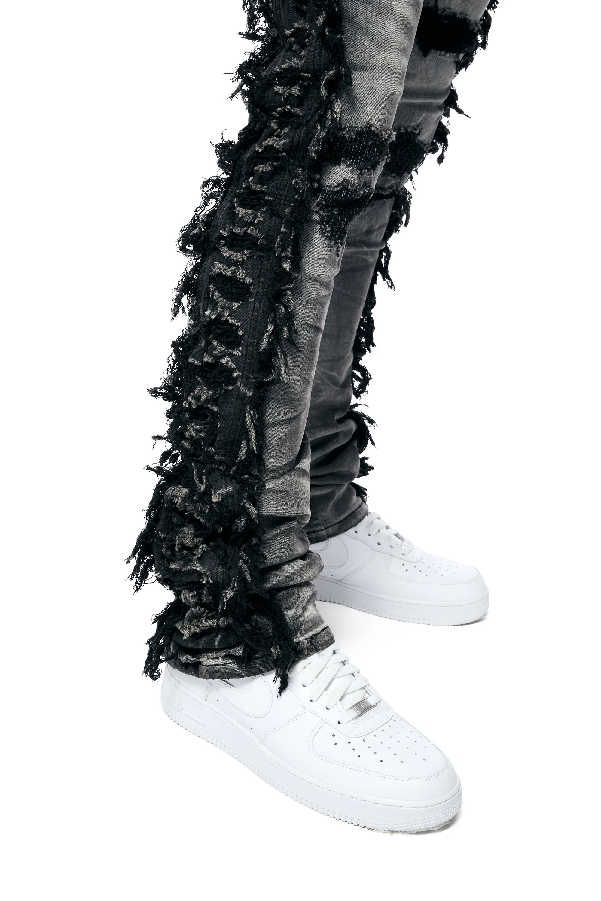 Frayed Stacked Denim Jeans - Lightning Black