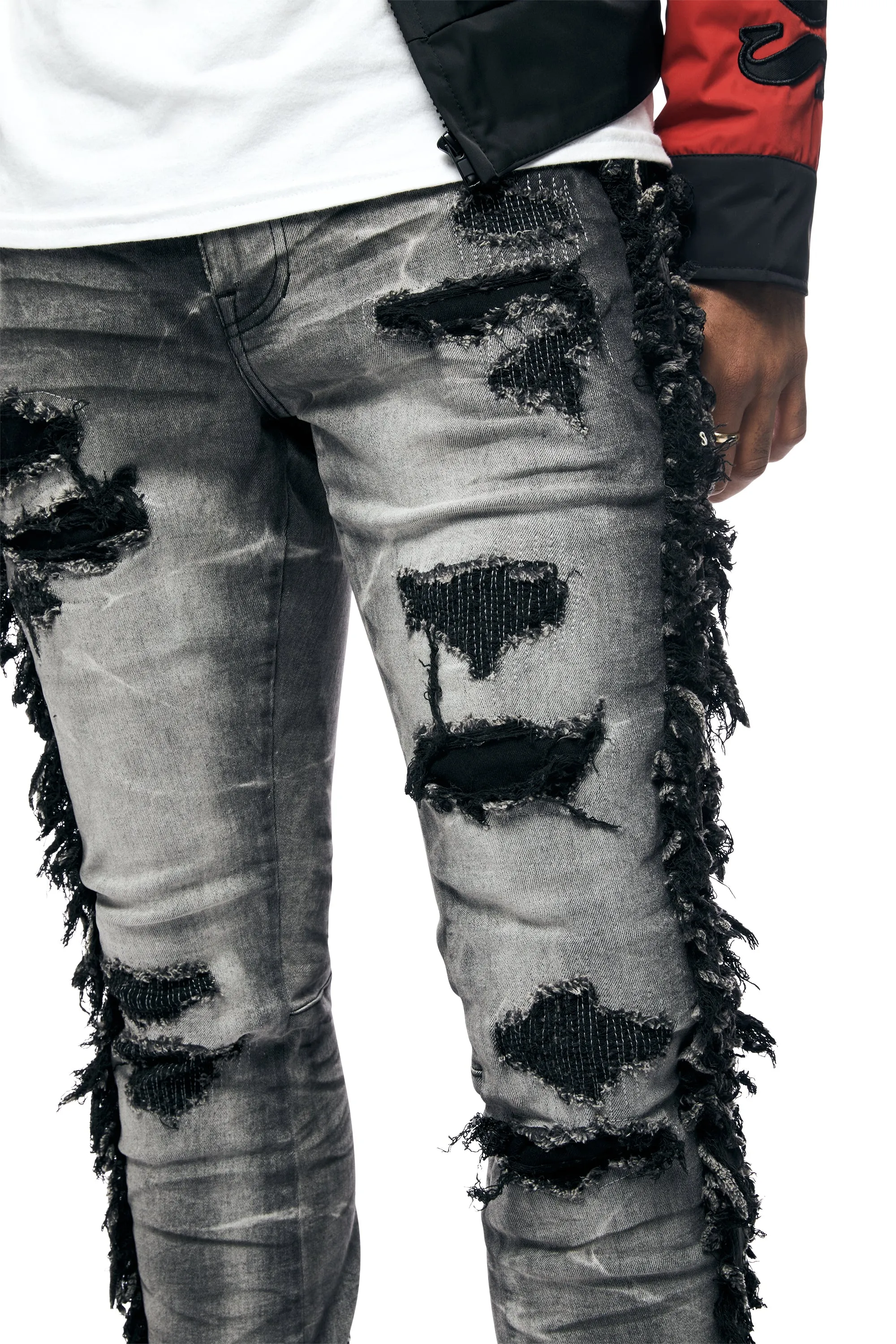 Frayed Stacked Denim Jeans - Lightning Black