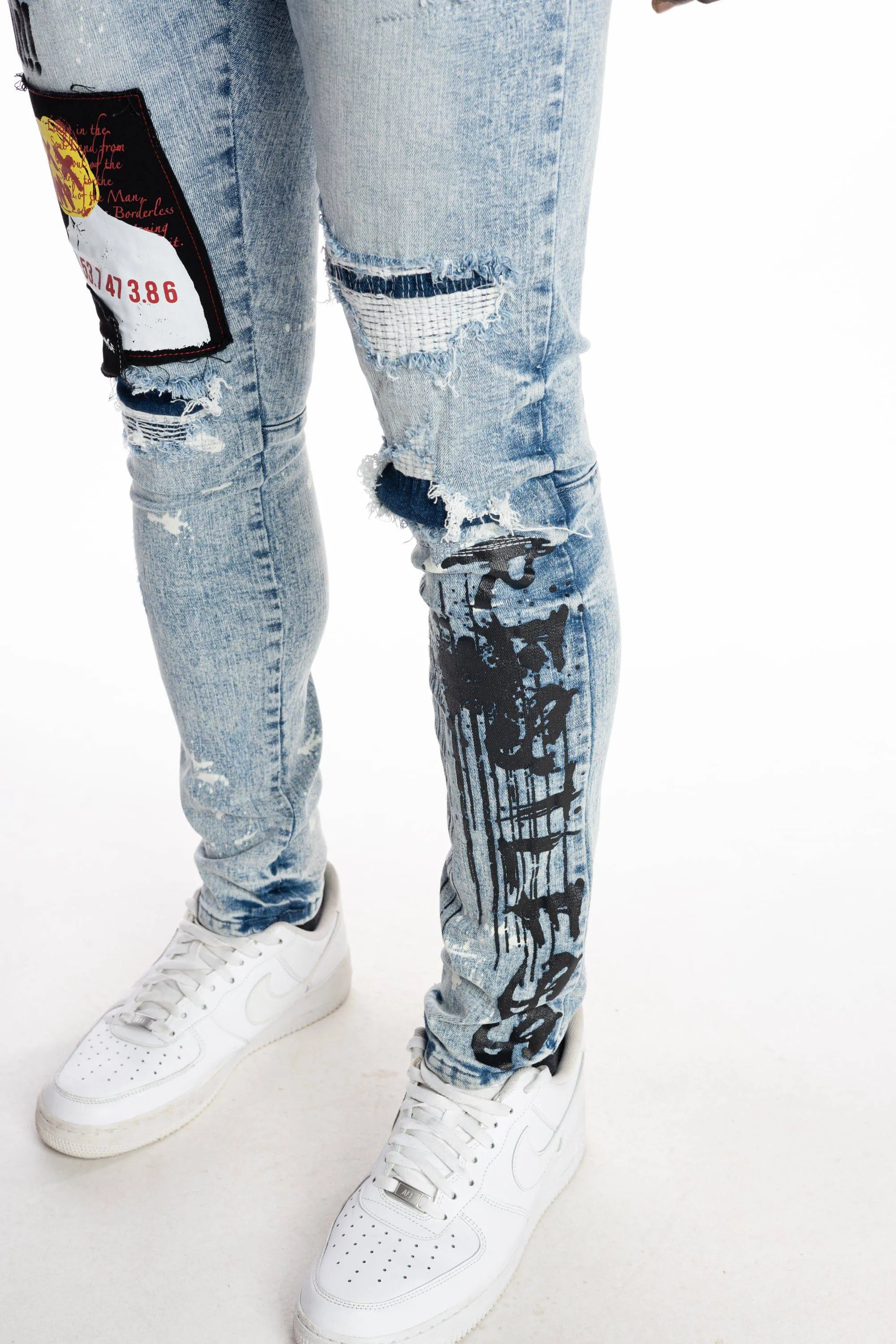 Graphic Patched Fashion Jeans - Mizu Blue