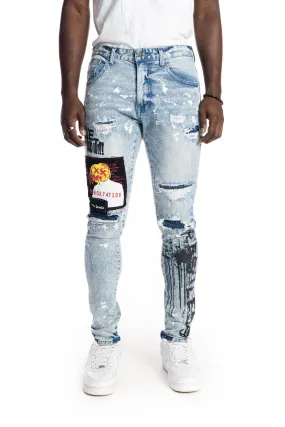 Graphic Patched Fashion Jeans - Mizu Blue