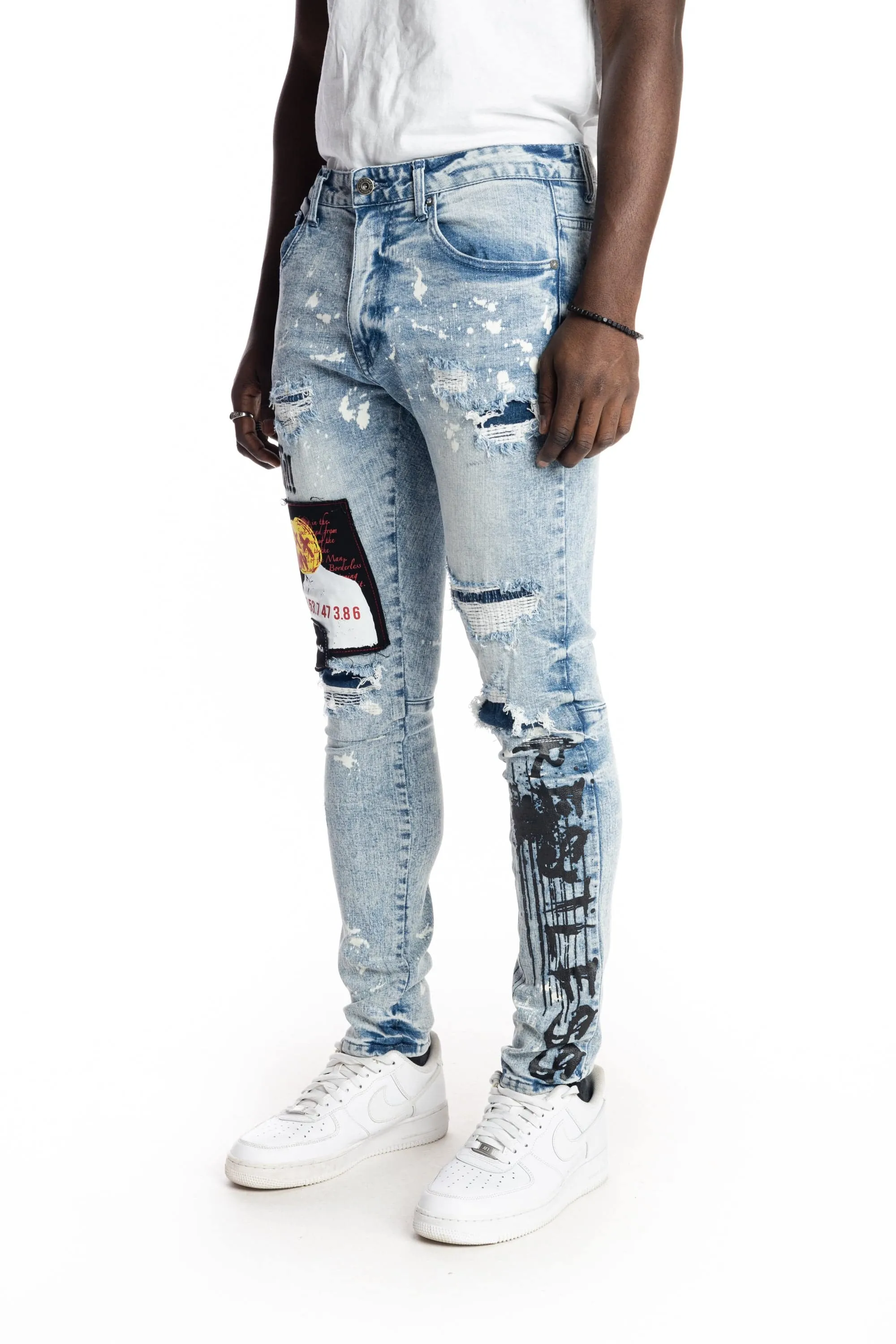 Graphic Patched Fashion Jeans - Mizu Blue