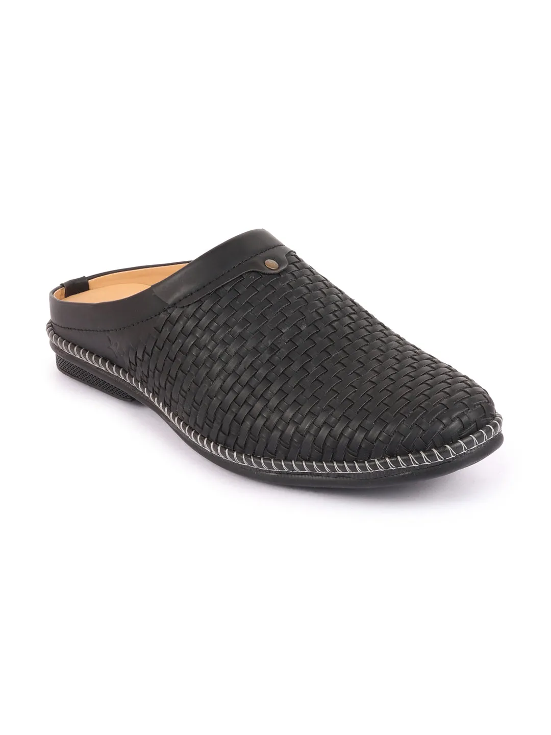 Men Black Back Open Knit Design Stitched Ethnic Casual Mules