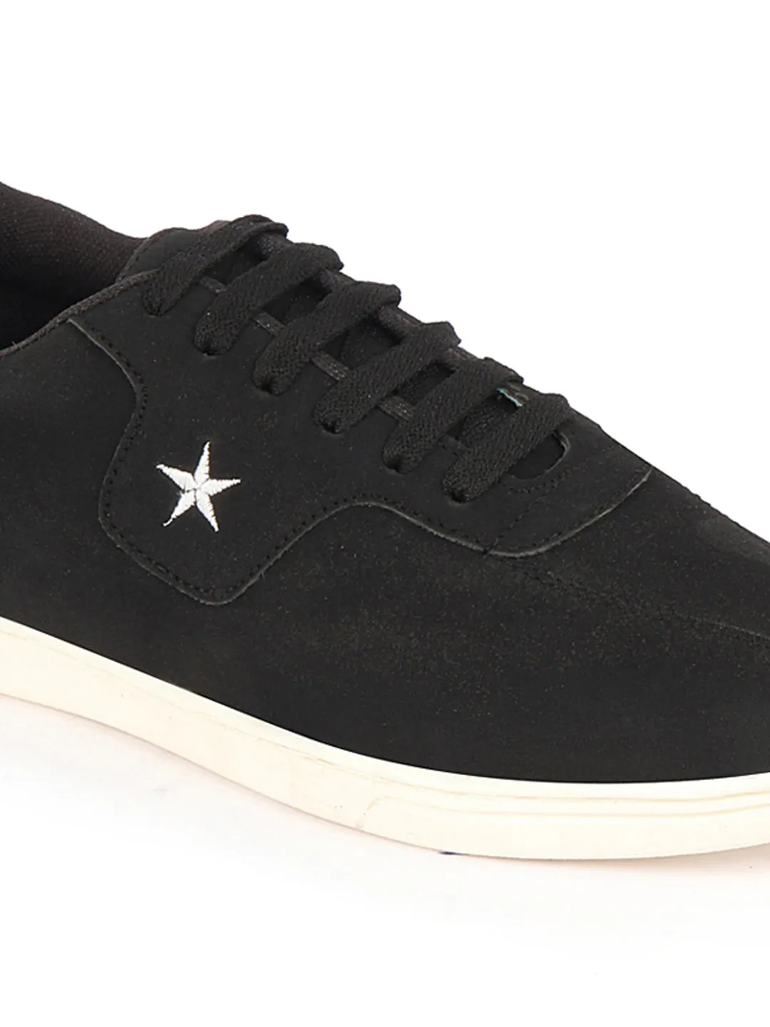 Men Black Classic Embroidery Star Upper Soft Suede Leather Lace Up Sneakers Shoes