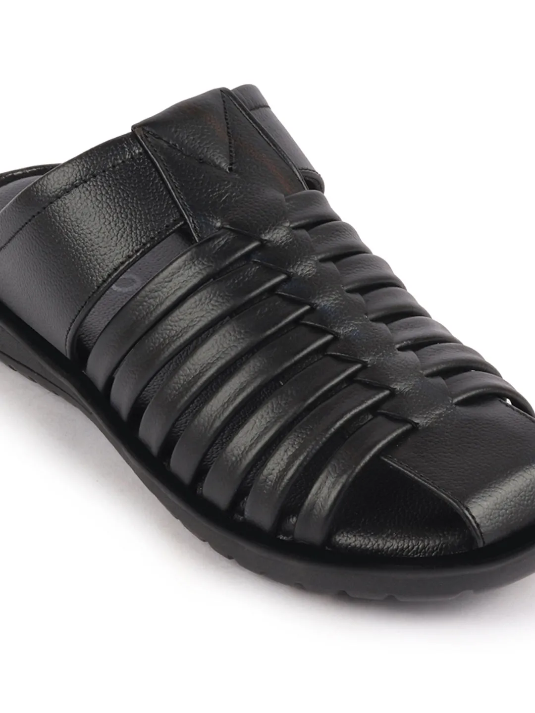 Men Black Genuine Leather Criss Cross Strap Back Open Slip On Closed Toe Dress Sandals