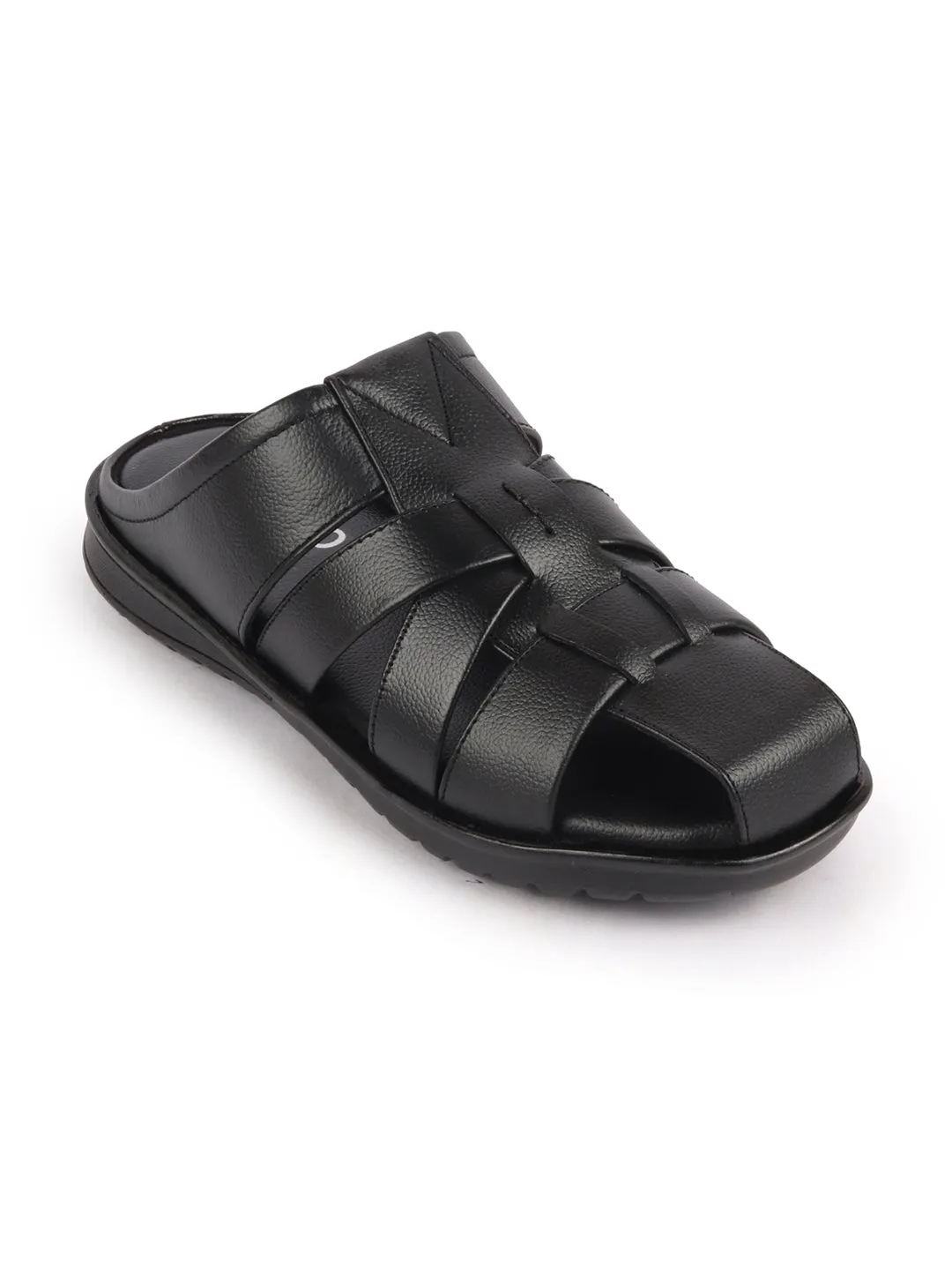 Men Black Genuine Leather Criss Cross Strap Back Open Slip On Closed Toe Dress Sandals