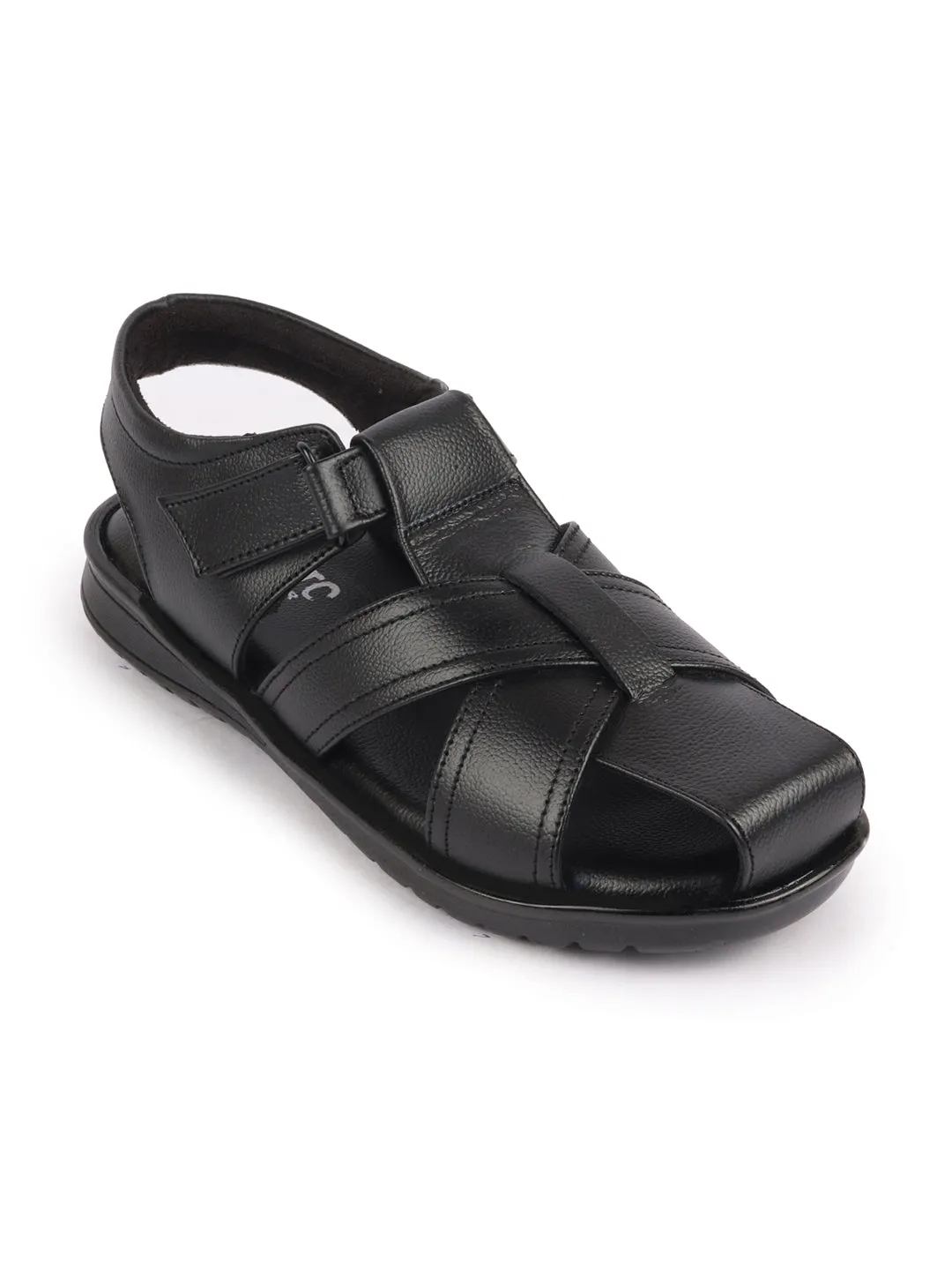 Men Black Genuine Leather Hook & Loop Closed Toe Fisherman Roman Sandals