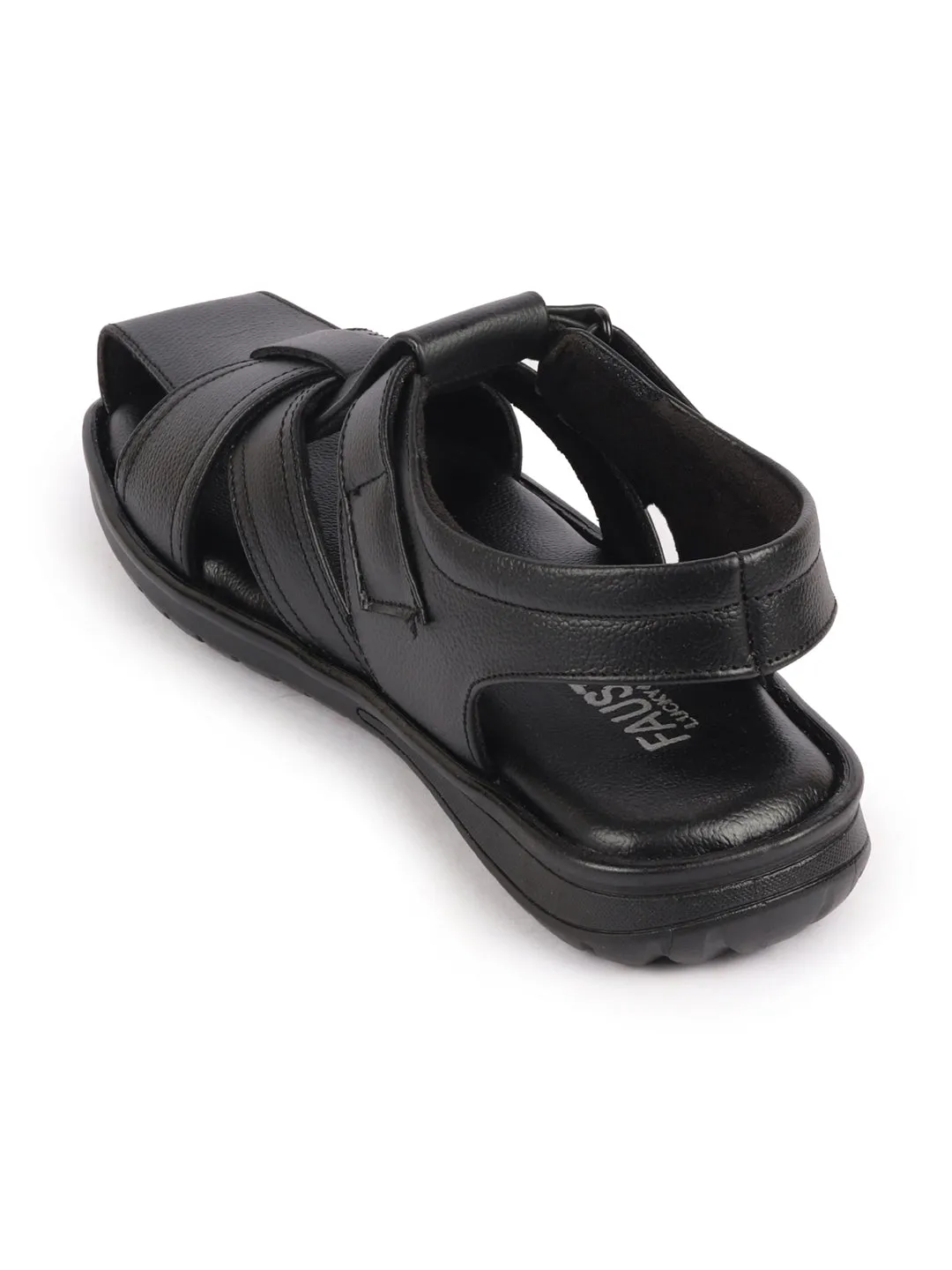 Men Black Genuine Leather Hook & Loop Closed Toe Fisherman Roman Sandals