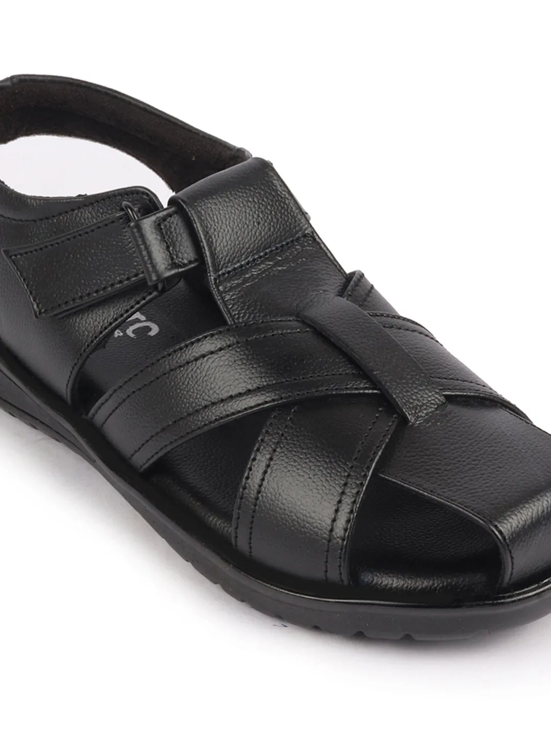 Men Black Genuine Leather Hook & Loop Closed Toe Fisherman Roman Sandals