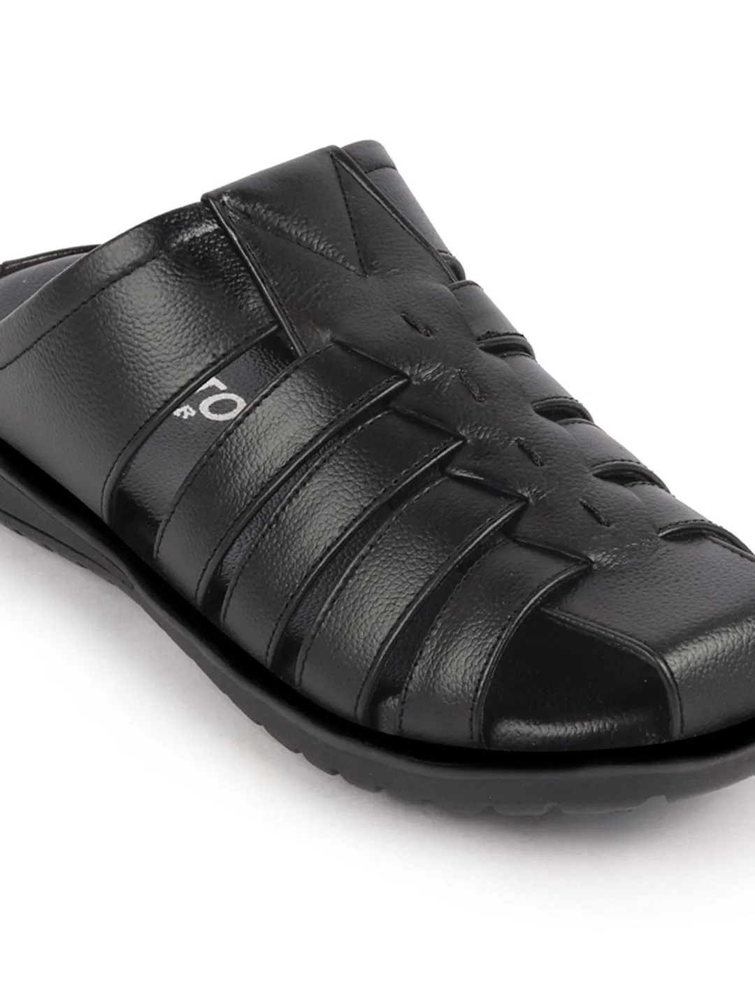 Men Black Genuine Leather Multi Strap Back Open Slip On Closed Toe Dress Sandals