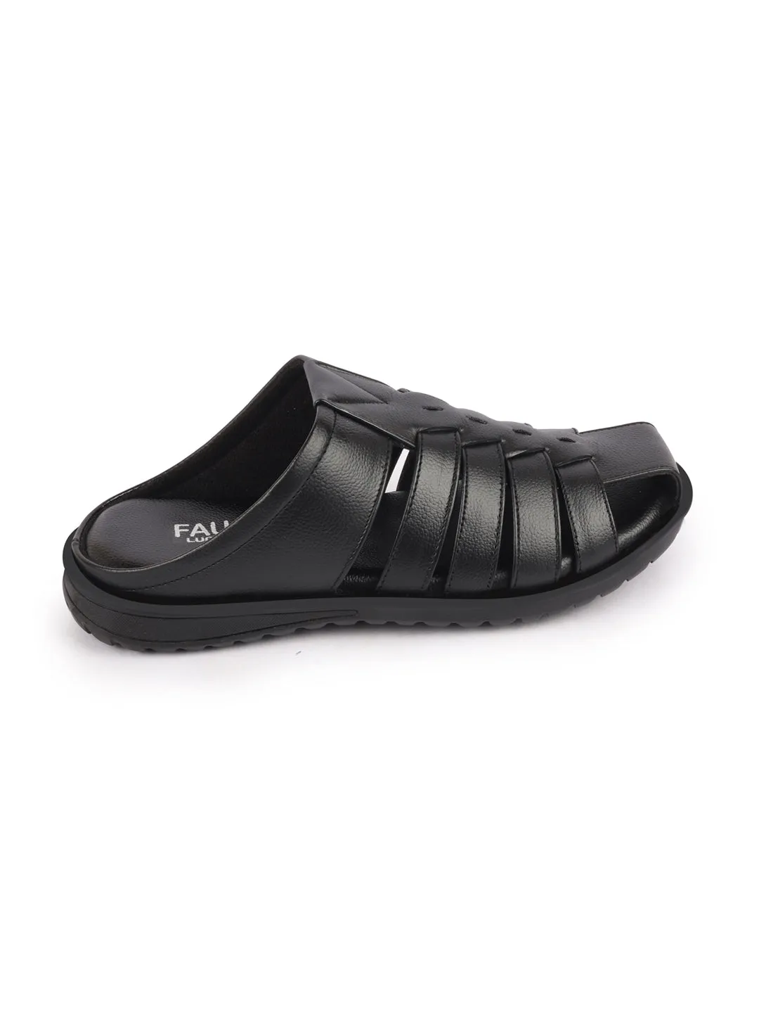 Men Black Genuine Leather Multi Strap Back Open Slip On Closed Toe Dress Sandals