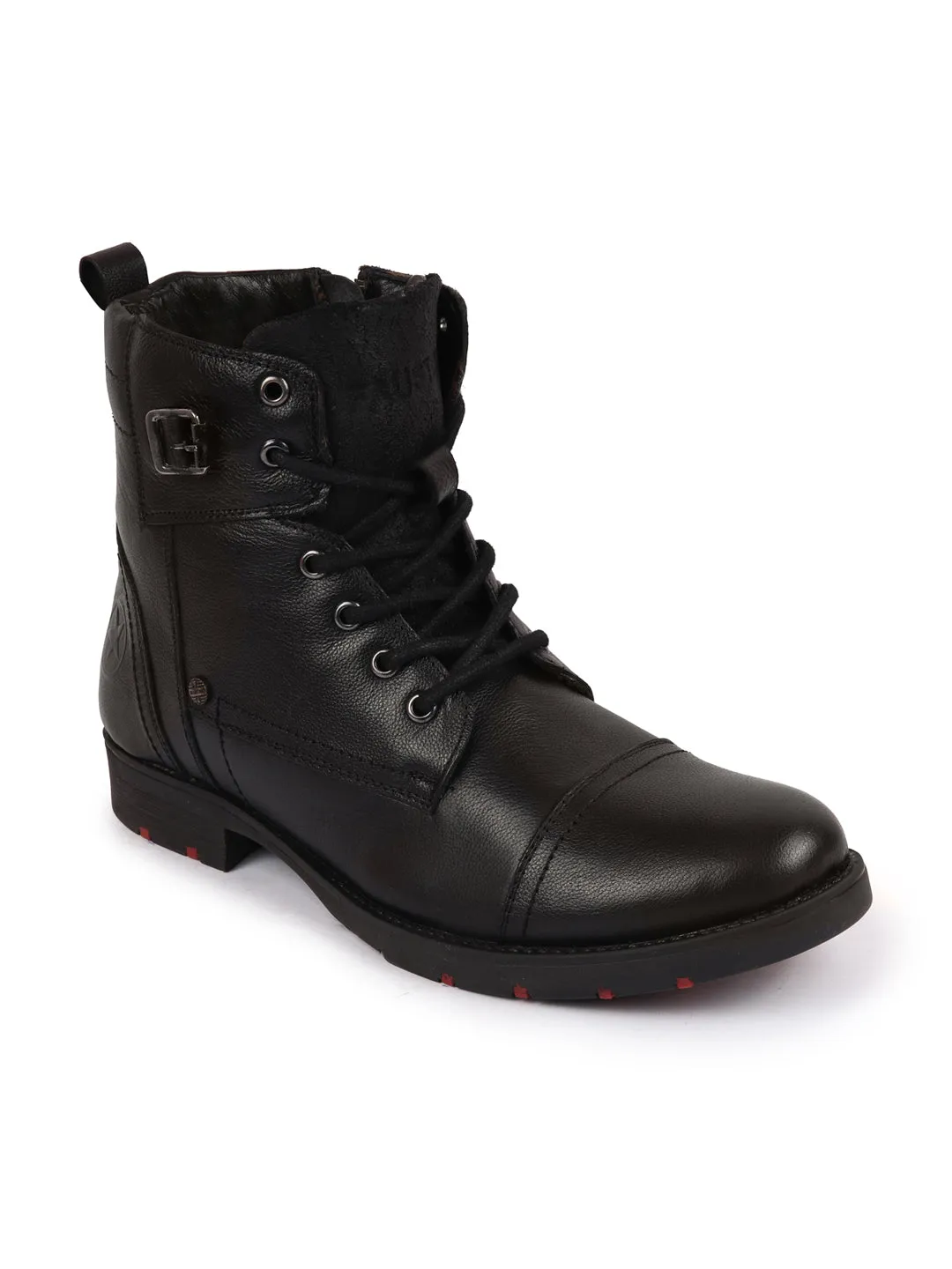 Men Black High Ankle Genuine Leather 6-Eye Lace Up Zipper Winter Cap Toe Flat Biker Classic Boots