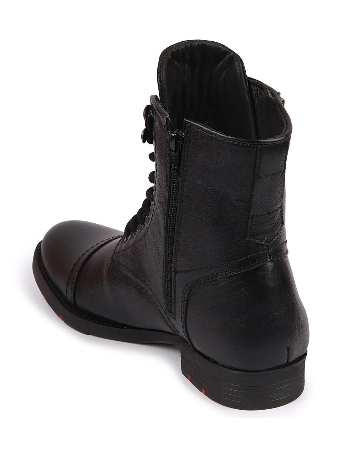 Men Black High Top Genuine Leather Hook and 7-Eye Lace Up Side Zipper Cap Toe Classic Flat Boots