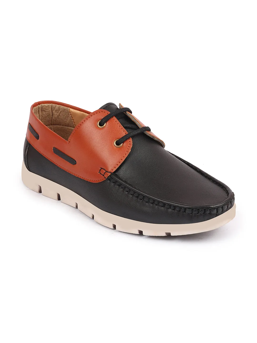 Men Black Side Lace Stitched Design Lace Up Boat Shoes