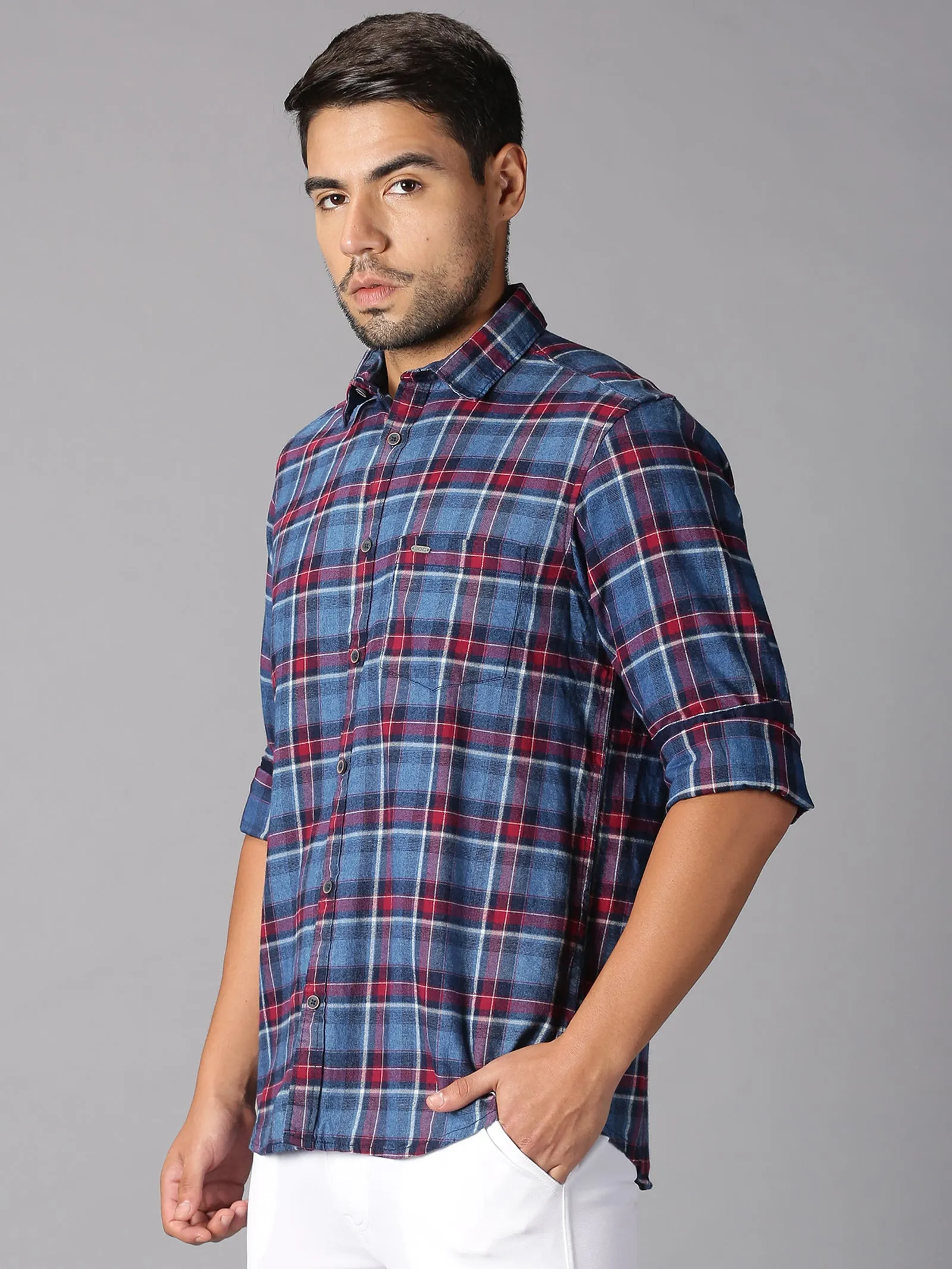 MEN'S BLUE RED CHECKS SLIM FIT SHIRT