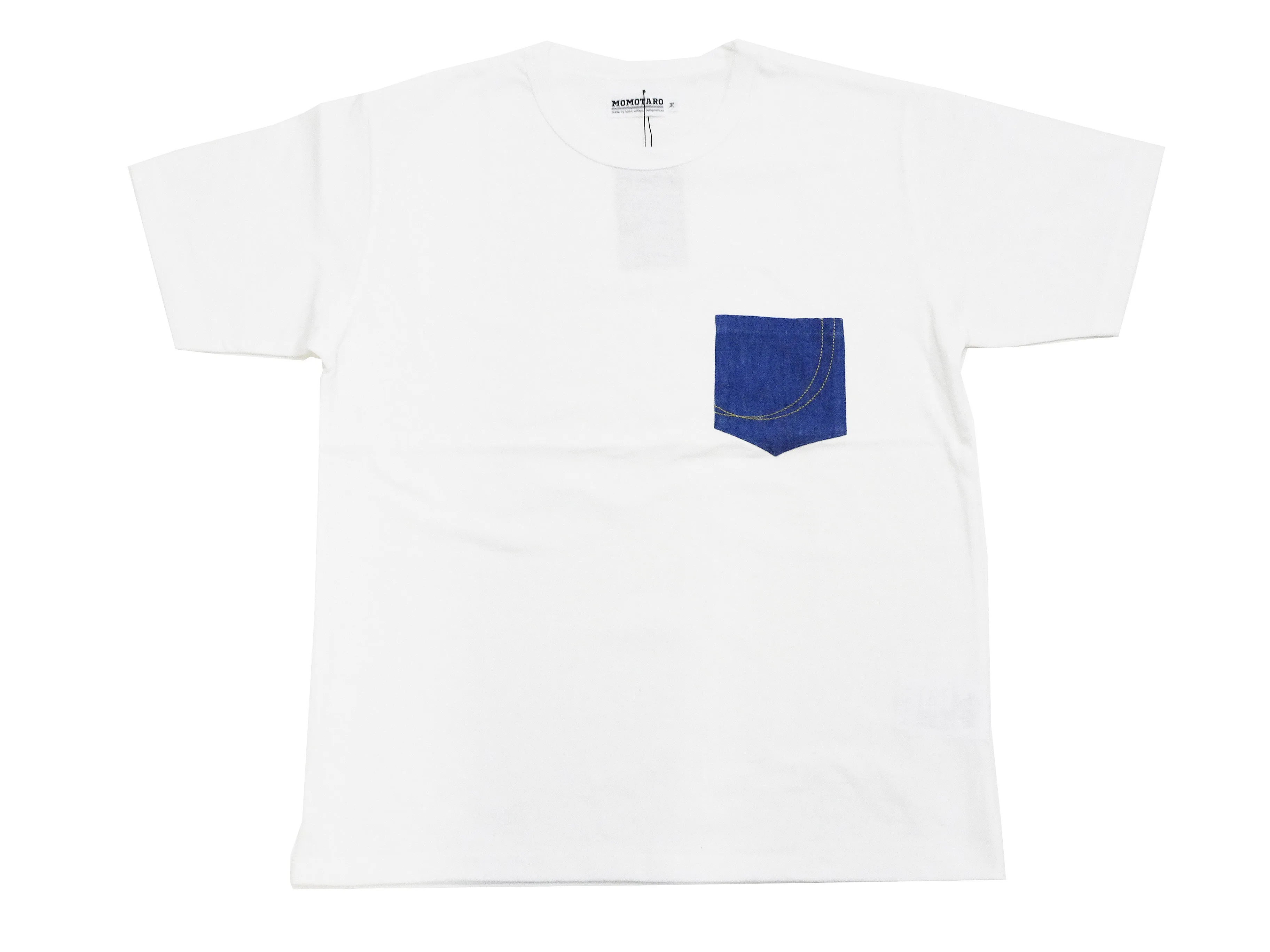 Momotaro Jeans Pocket T-shirt Men's Short Sleeve Tee Shirt with Decorative Stitched Denim Pocket MTS0020M31 White