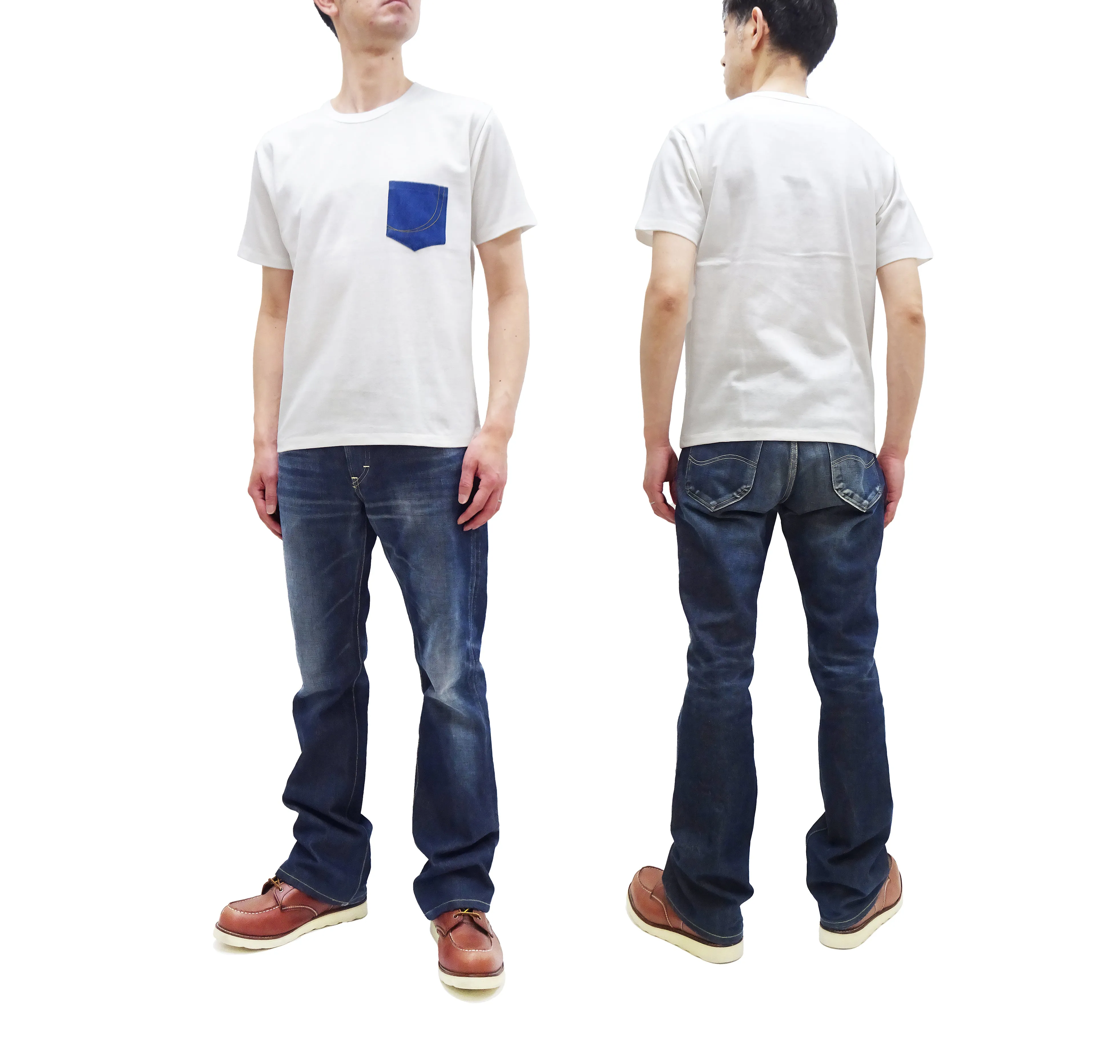 Momotaro Jeans Pocket T-shirt Men's Short Sleeve Tee Shirt with Decorative Stitched Denim Pocket MTS0020M31 White