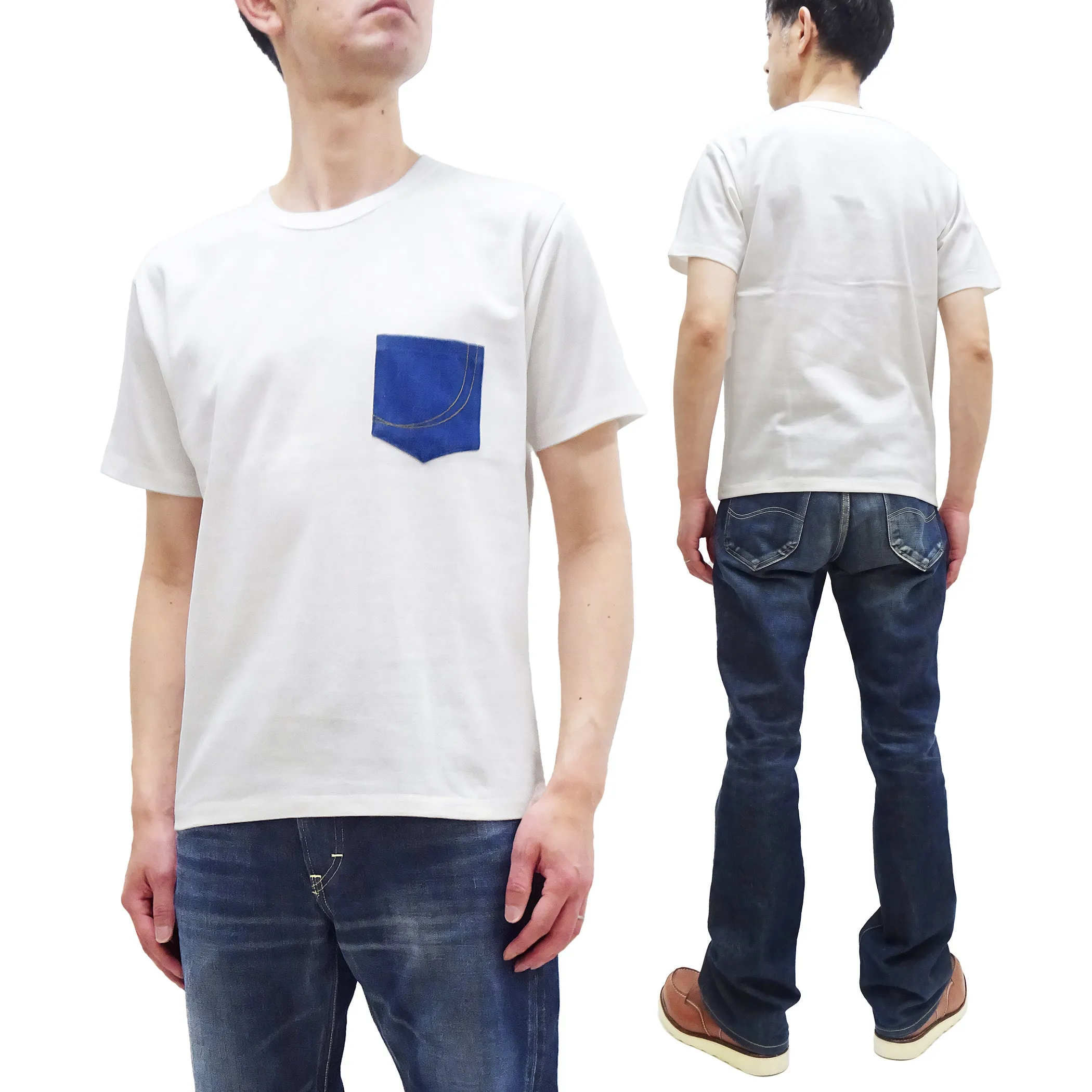 Momotaro Jeans Pocket T-shirt Men's Short Sleeve Tee Shirt with Decorative Stitched Denim Pocket MTS0020M31 White