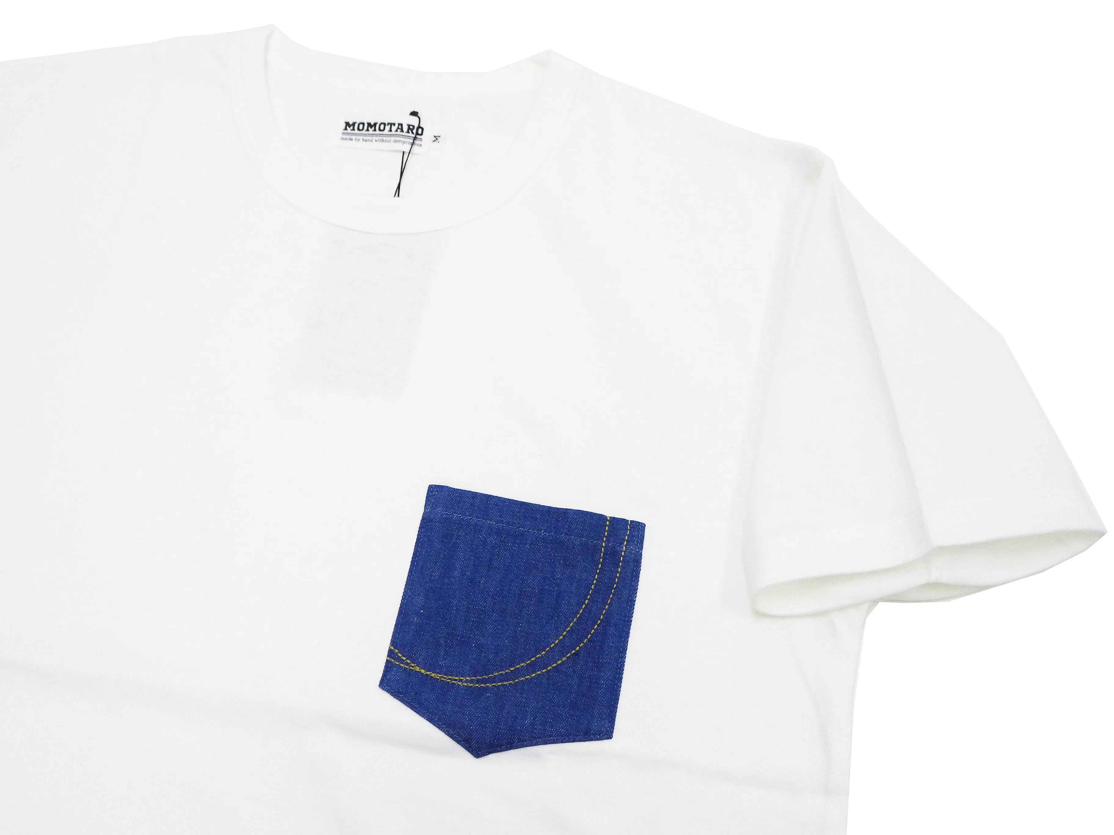 Momotaro Jeans Pocket T-shirt Men's Short Sleeve Tee Shirt with Decorative Stitched Denim Pocket MTS0020M31 White